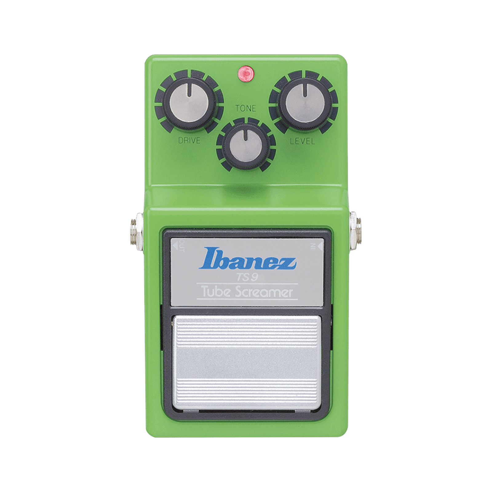 Ibanez TS9 Tube Screamer top view, green enclosure with Drive Tone and Level knobs and silver footswitch plate