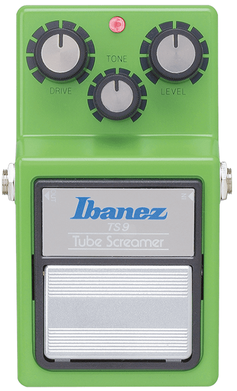 Ibanez TS9 Tube Screamer top view, green enclosure with Drive Tone and Level knobs and silver footswitch plate