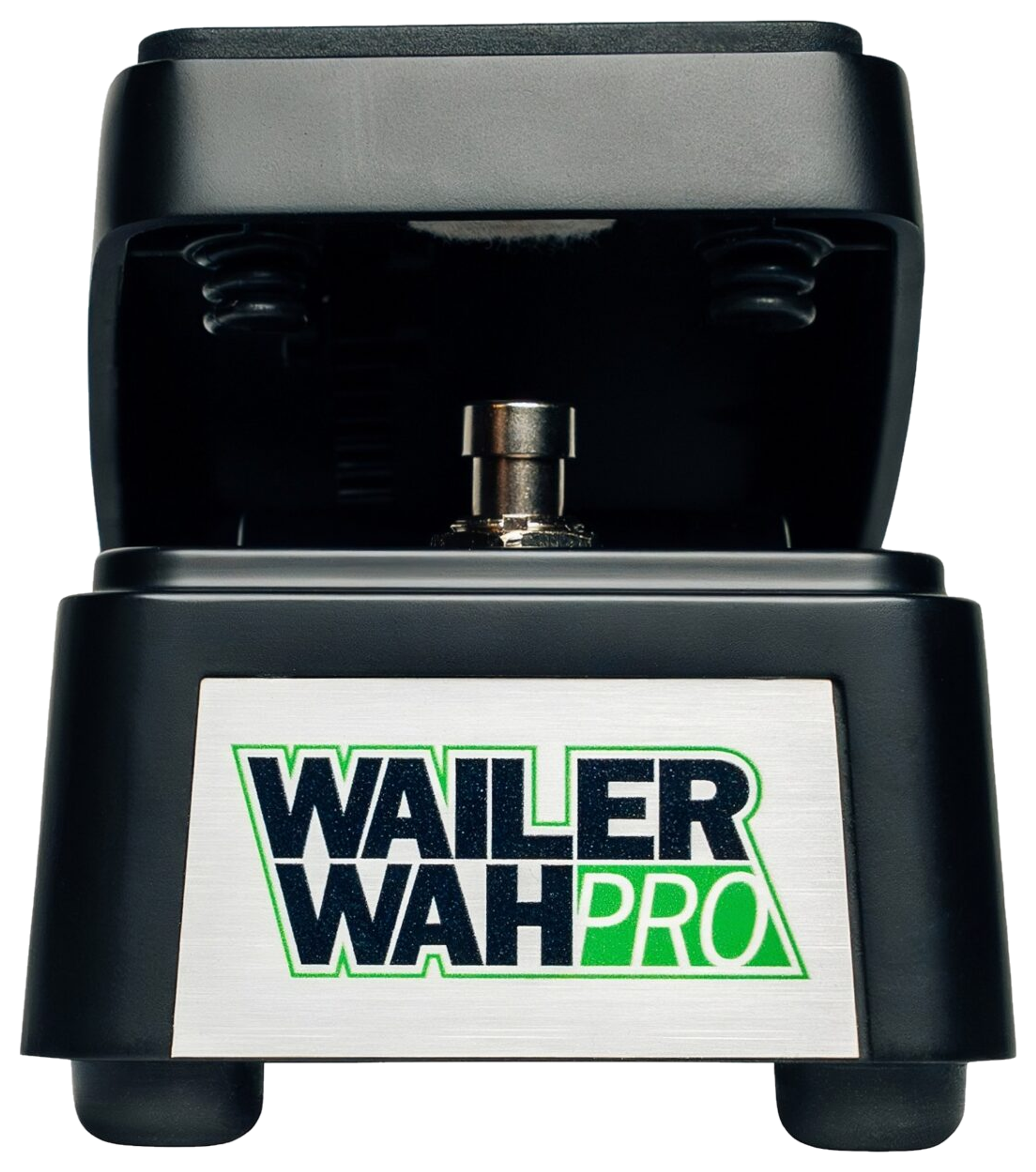 Electro-Harmonix Wailer Wah Pro, heel-end view, brushed Wailer Wah Pro nameplate, raised treadle, toe-down footswitch
