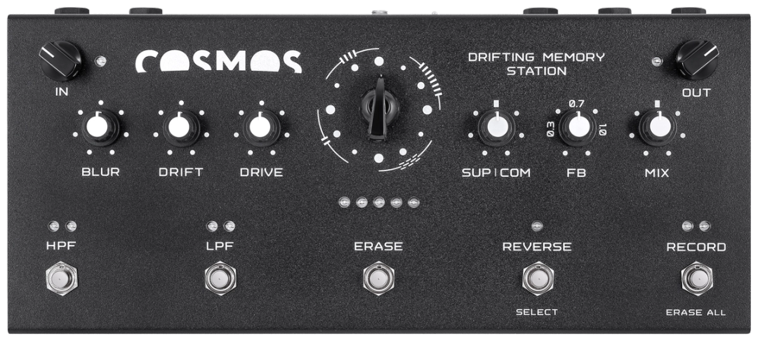 SOMA Laboratory Cosmos drifting memory station, top-down view, black enclosure with small knobs, a rotary algorithm selector and five footswitches
