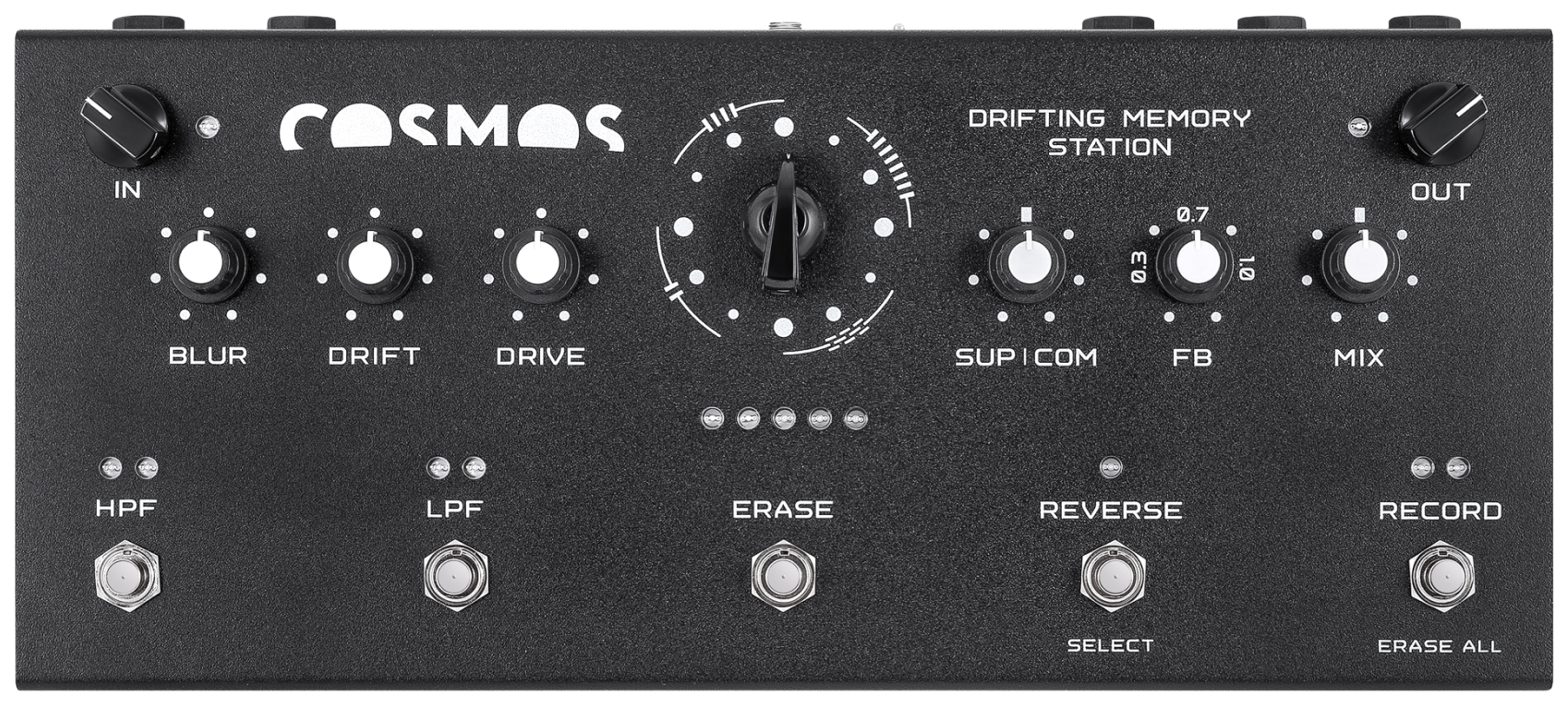 SOMA Laboratory Cosmos drifting memory station, top-down view, black enclosure with small knobs, a rotary algorithm selector and five footswitches