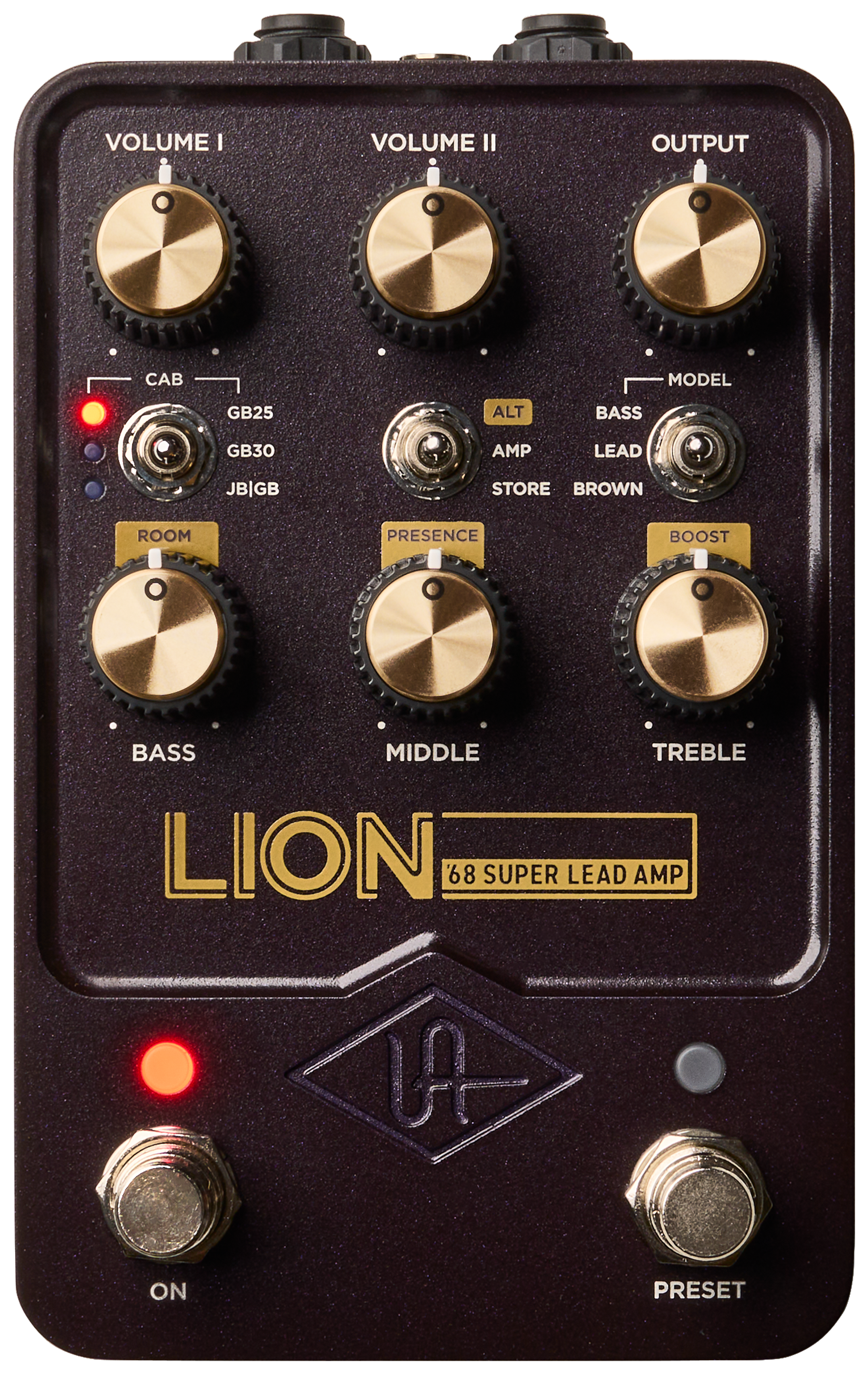 Universal Audio Lion '68, top-down view, dark brown enclosure, gold Volume I, Volume II, Output, Bass, Middle and Treble knobs, Cab, Alt and Model toggles