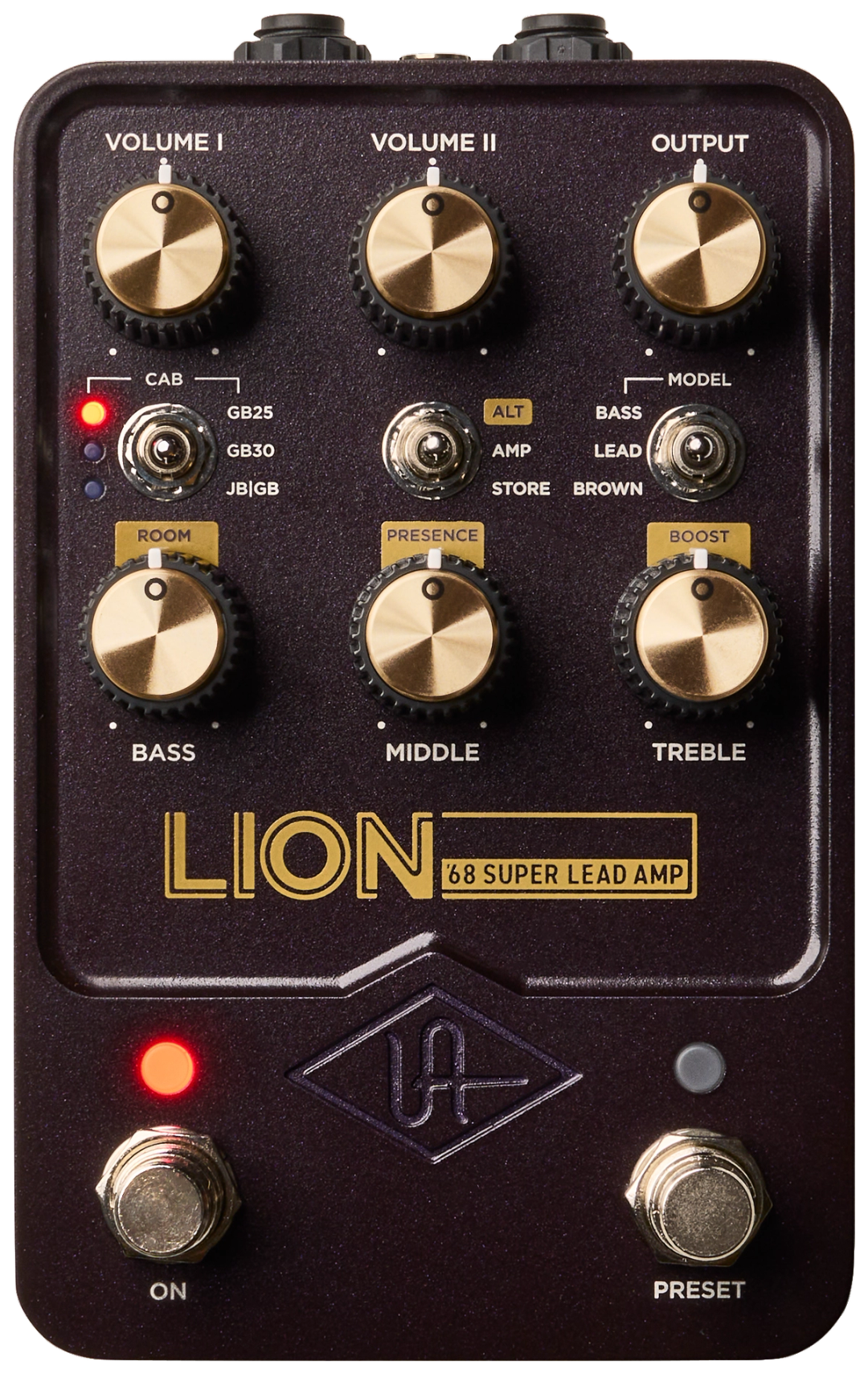 Universal Audio Lion '68, top-down view, dark brown enclosure, gold Volume I, Volume II, Output, Bass, Middle and Treble knobs, Cab, Alt and Model toggles
