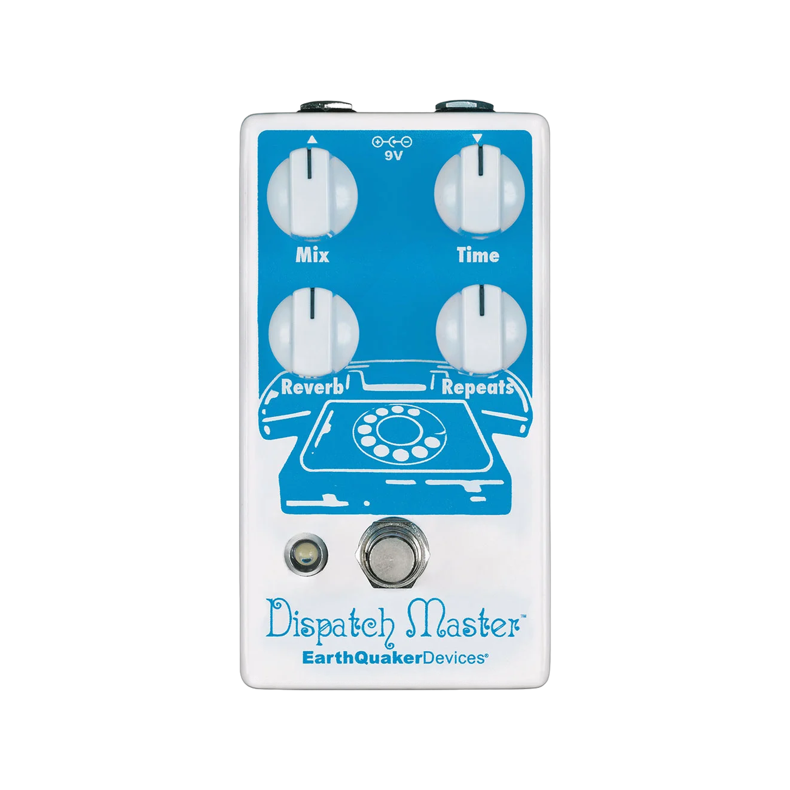 EarthQuaker Devices Dispatch Master, top view, white enclosure with blue telephone graphic and Mix Time Reverb Repeats knobs