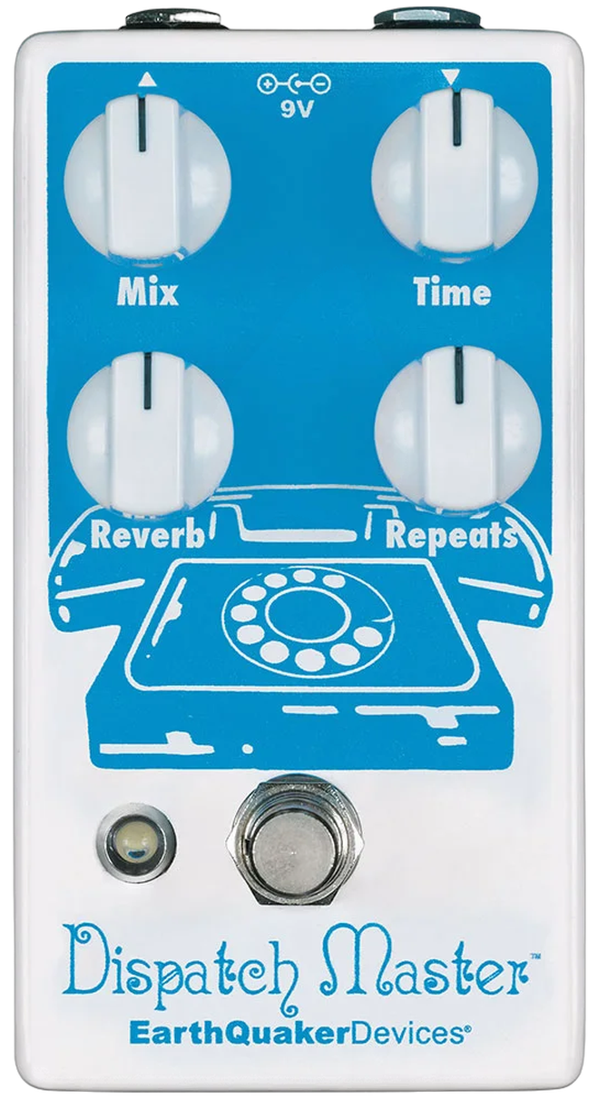 EarthQuaker Devices Dispatch Master, top view, white enclosure with blue telephone graphic and Mix Time Reverb Repeats knobs