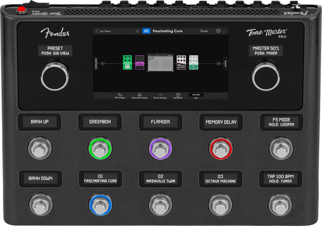 Fender Tone Master Pro, top-down view, black chassis, 7-inch touchscreen, ten footswitches with scribble strips