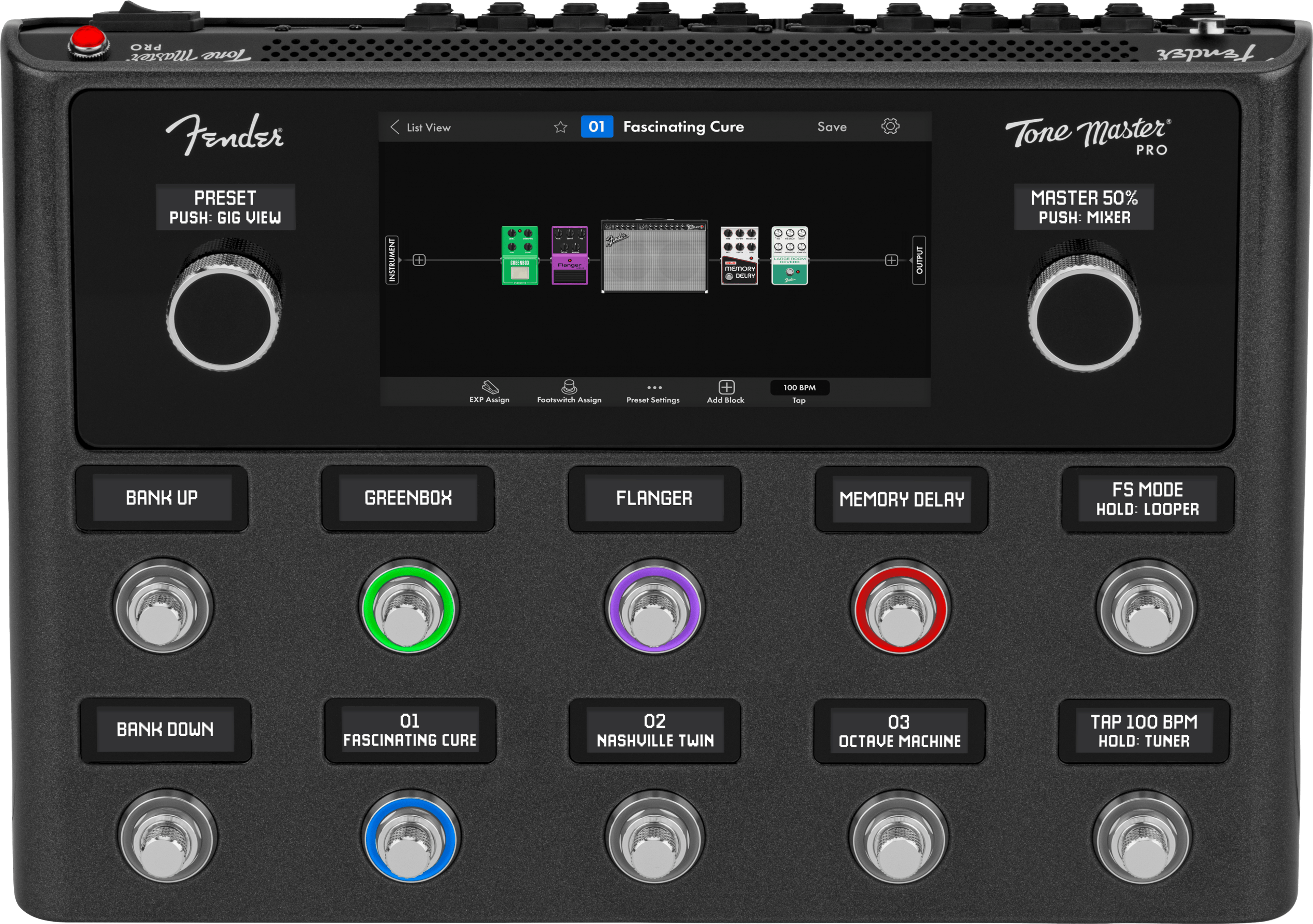 Fender Tone Master Pro, top-down view, black chassis, 7-inch touchscreen, ten footswitches with scribble strips