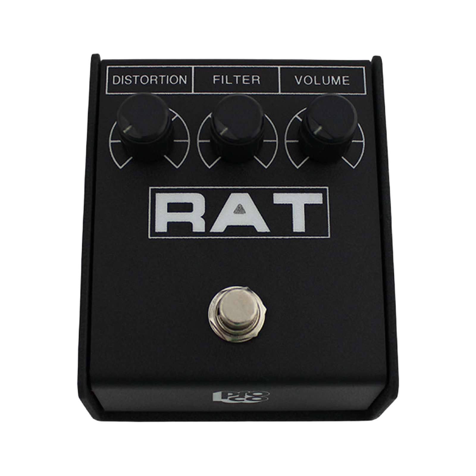 ProCo RAT 2 top view, black steel enclosure with Distortion Filter and Volume knobs and RAT logo with LED