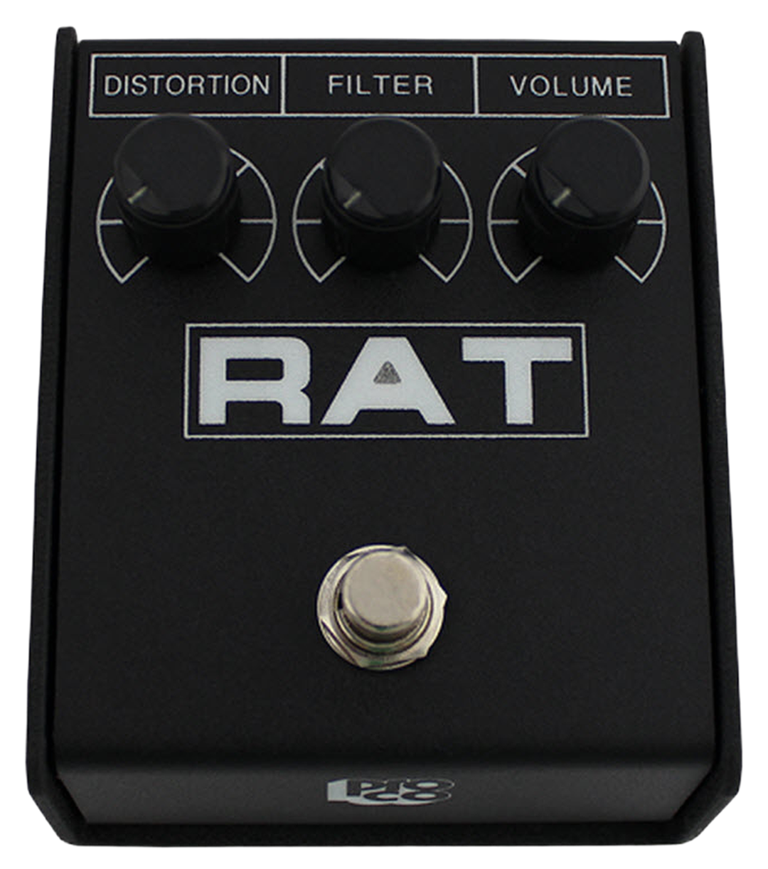 ProCo RAT 2 top view, black steel enclosure with Distortion Filter and Volume knobs and RAT logo with LED