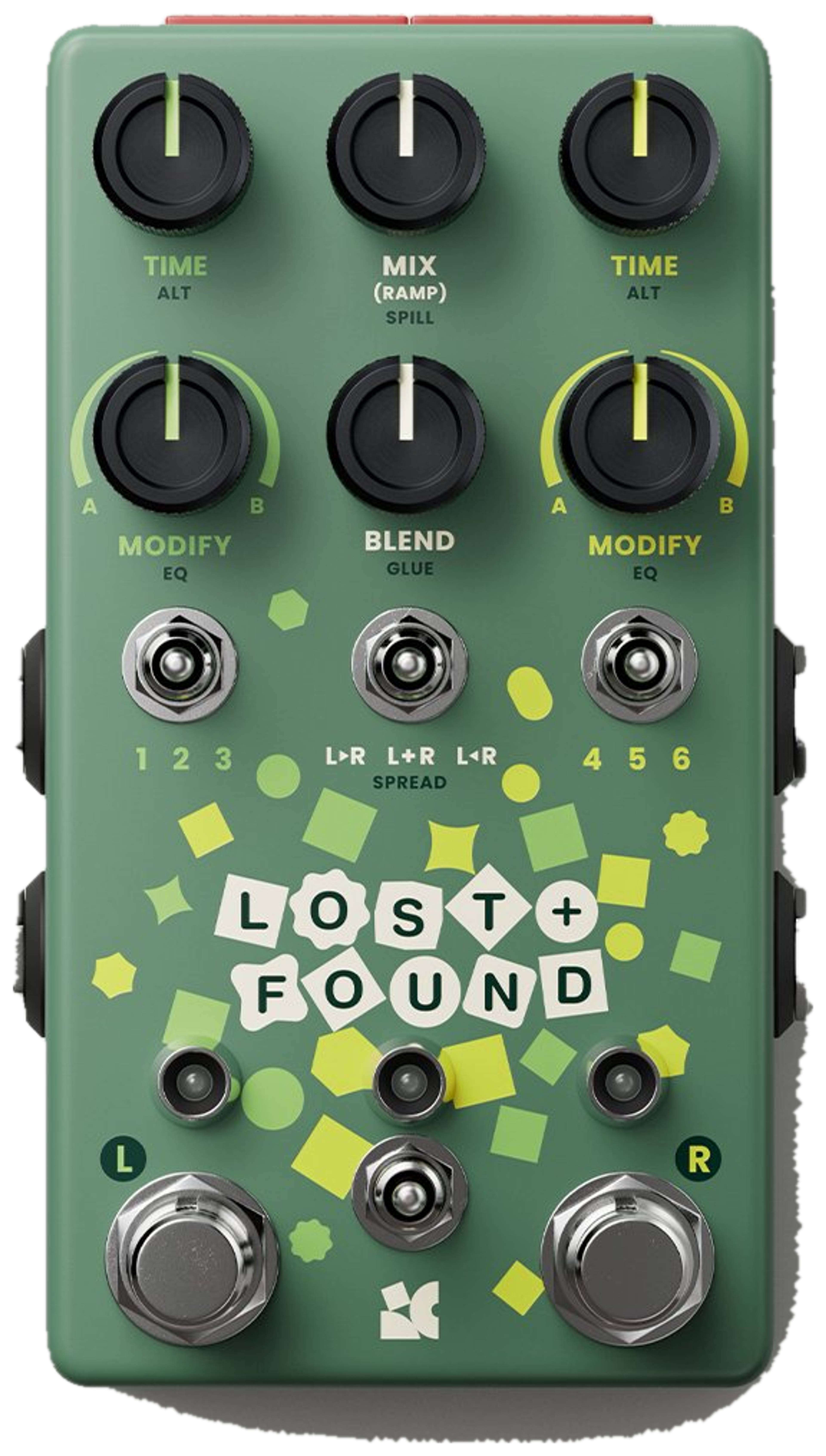 Chase Bliss Lost + Found, top-down view, green enclosure, six black knobs, three toggles, Lost + Found tile graphic