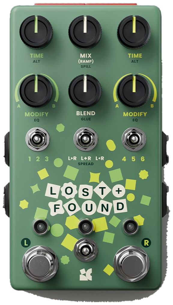 Chase Bliss Lost + Found, top-down view, green enclosure, six black knobs, three toggles, Lost + Found tile graphic