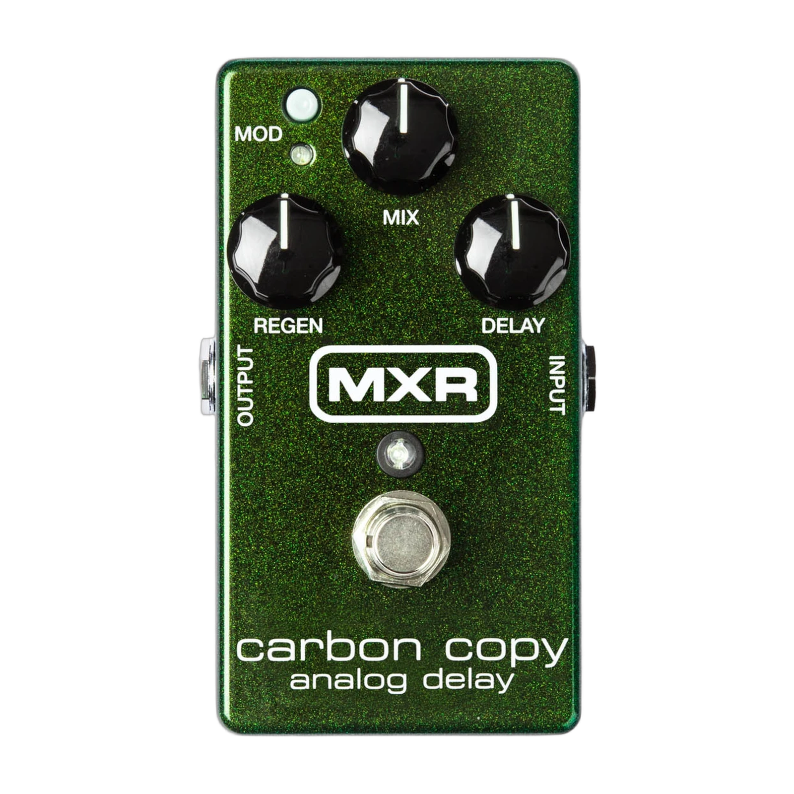 MXR Carbon Copy, top-down packshot, green sparkle enclosure, MIX REGEN DELAY knobs, MOD switch