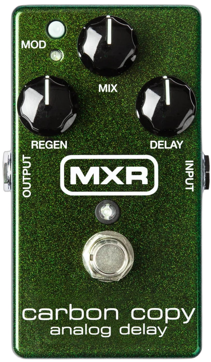 MXR Carbon Copy, top-down packshot, green sparkle enclosure, MIX REGEN DELAY knobs, MOD switch