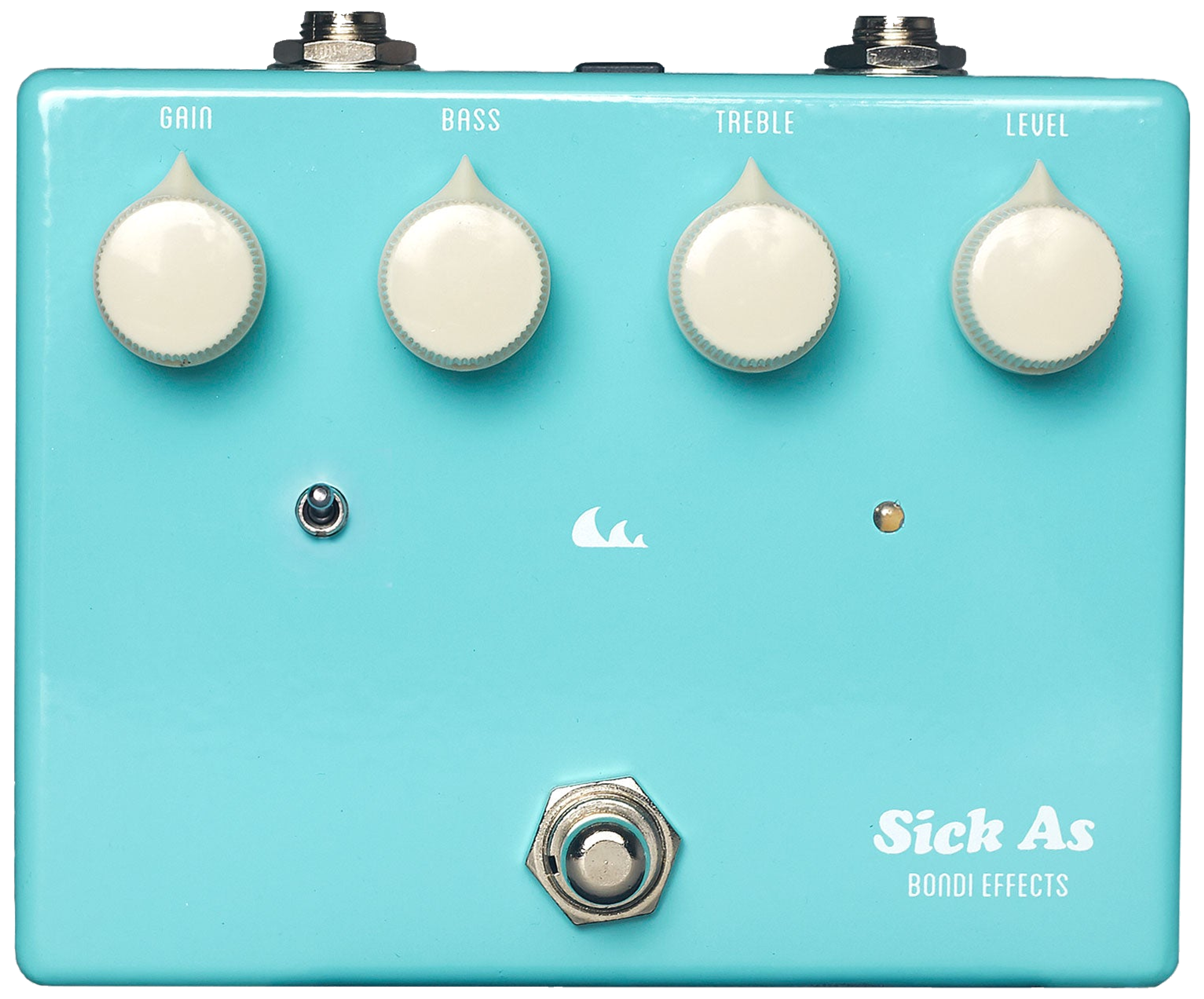 Bondi Effects Sick As Overdrive mk3, top-down, turquoise enclosure, four white knobs, wave logo
