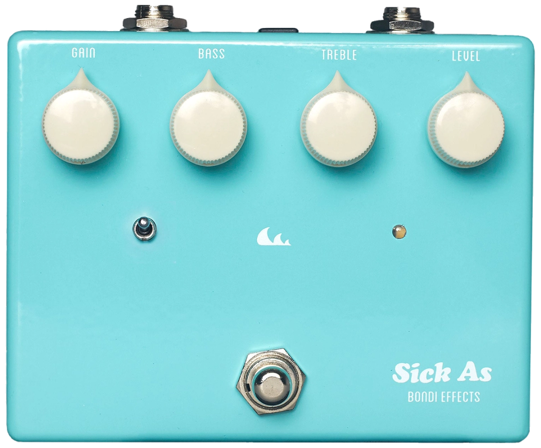 Bondi Effects Sick As Overdrive mk3, top-down, turquoise enclosure, four white knobs, wave logo