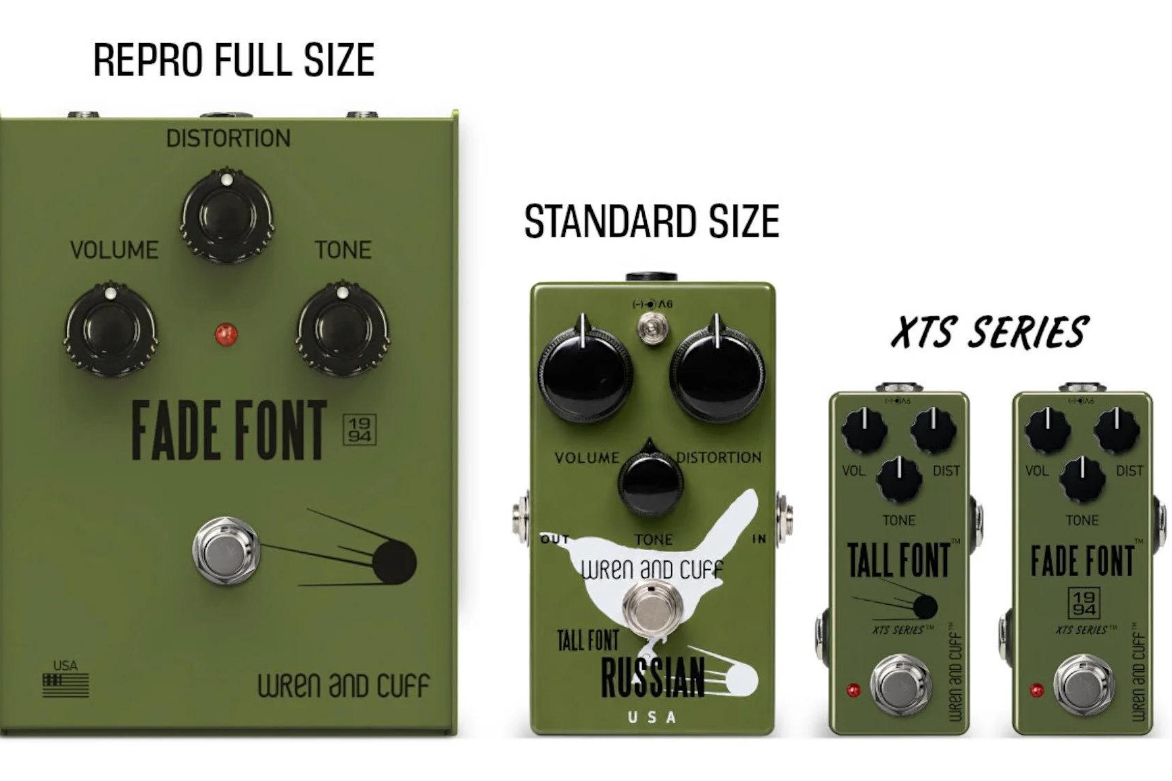 Wren and Cuff Mini Tall Font and Mini Fade Font '94 beside a full-size Fade Font and a standard-size Tall Font Russian for size comparison