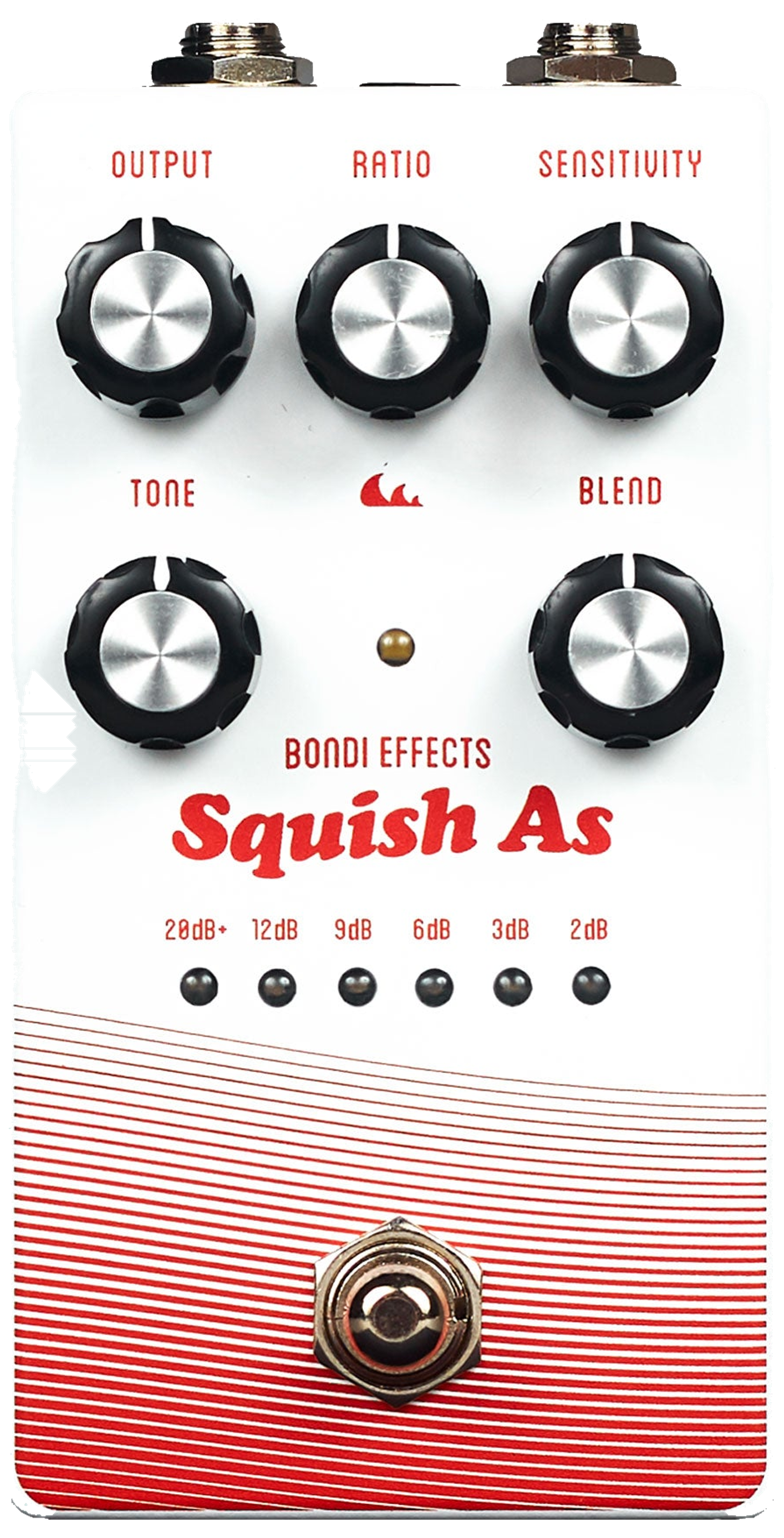Bondi Effects Squish As Compressor, top-down, white enclosure, red Squish As script, five knobs, gain-reduction LEDs