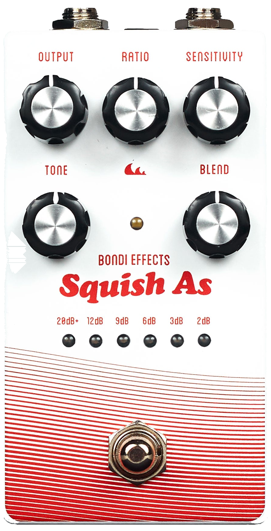 Bondi Effects Squish As Compressor, top-down, white enclosure, red Squish As script, five knobs, gain-reduction LEDs