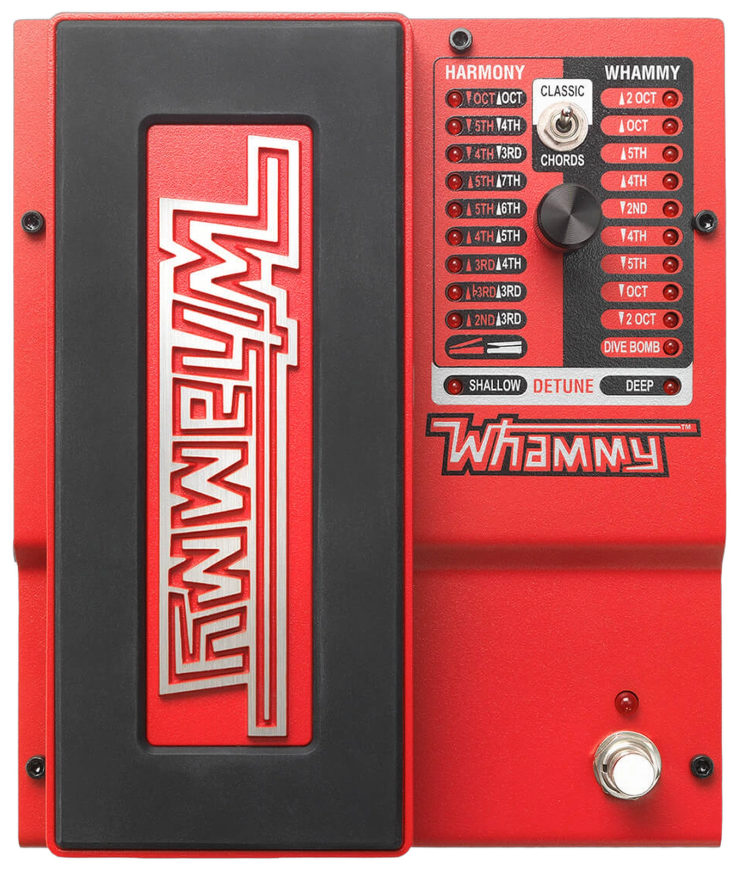 DigiTech Whammy 5, top-down view, red chassis, expression treadle, Classic/Chords switch, selector knob