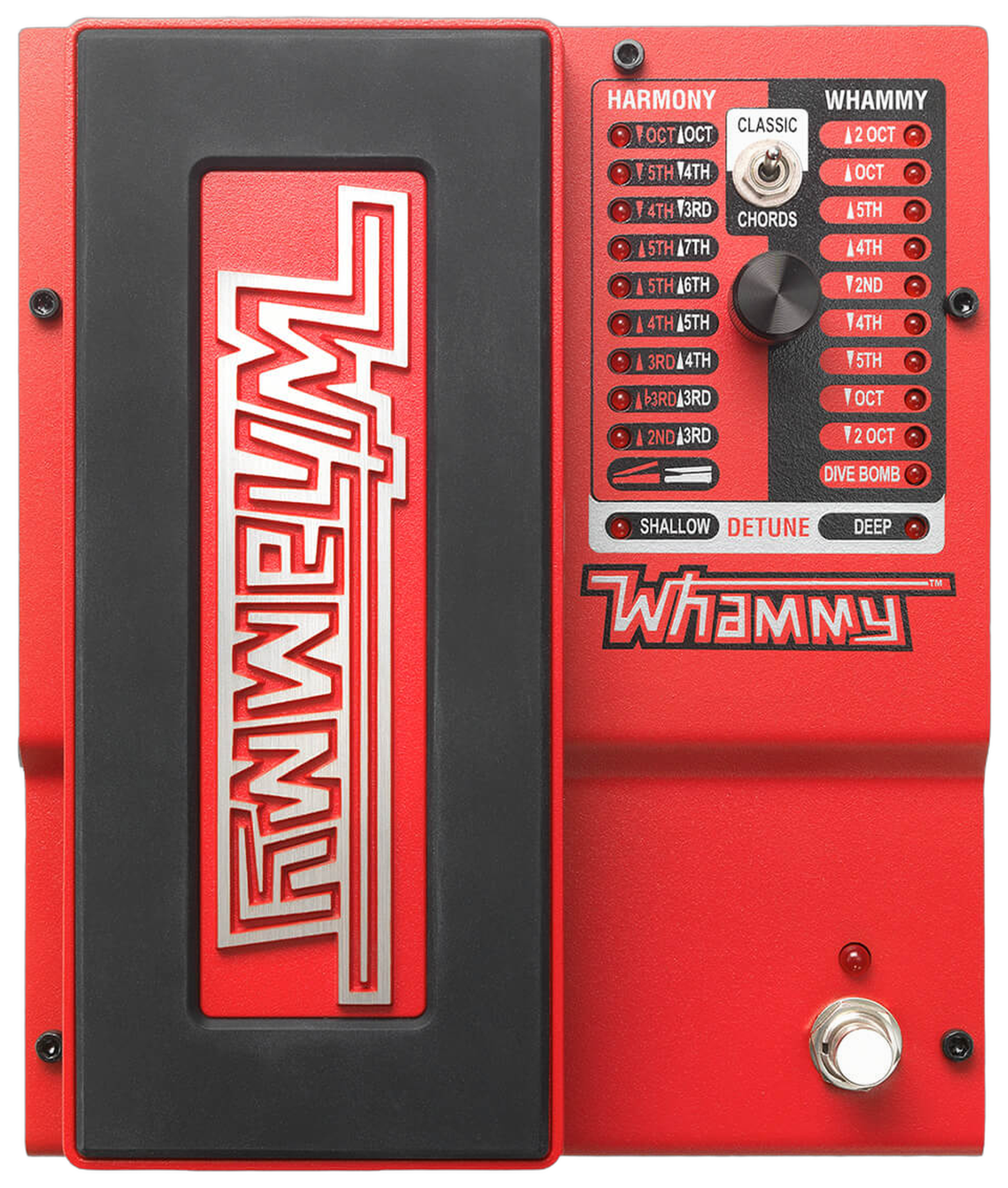 DigiTech Whammy 5, top-down view, red chassis, expression treadle, Classic/Chords switch, selector knob