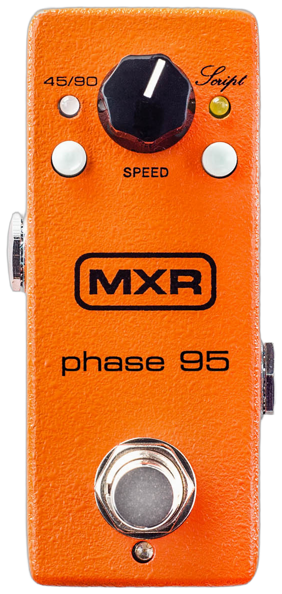 MXR Phase 95 M290, top-down view, orange mini enclosure, Speed knob, 45/90 and Script switches, MXR logo