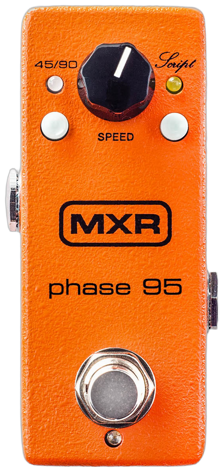 MXR Phase 95 M290, top-down view, orange mini enclosure, Speed knob, 45/90 and Script switches, MXR logo