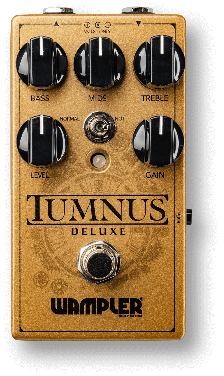 Wampler Tumnus Deluxe, top-down view, gold enclosure, five black knobs, Normal/Hot toggle