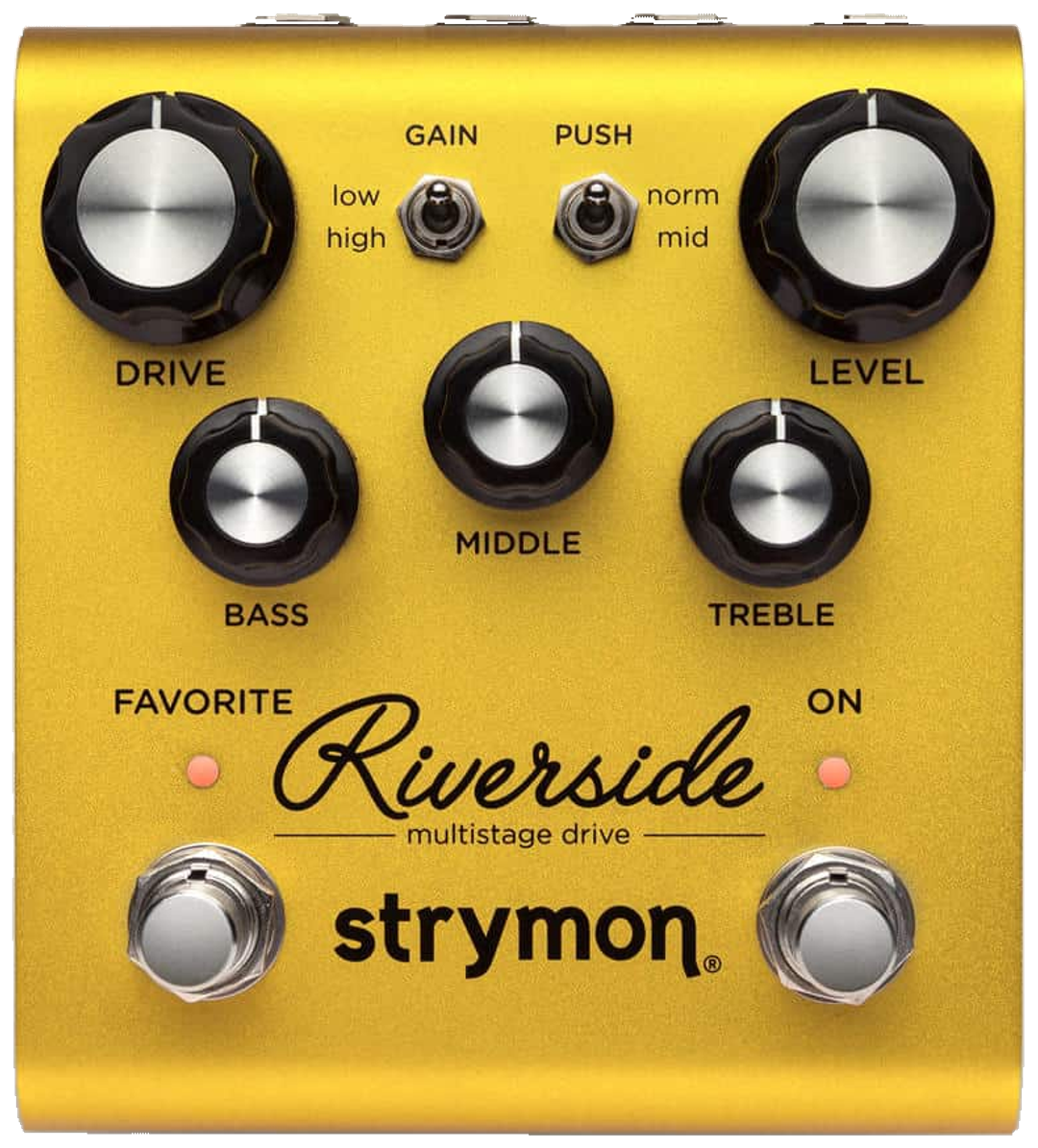 Strymon Riverside, top-down, gold enclosure, Drive and Level knobs, Favourite and On footswitches