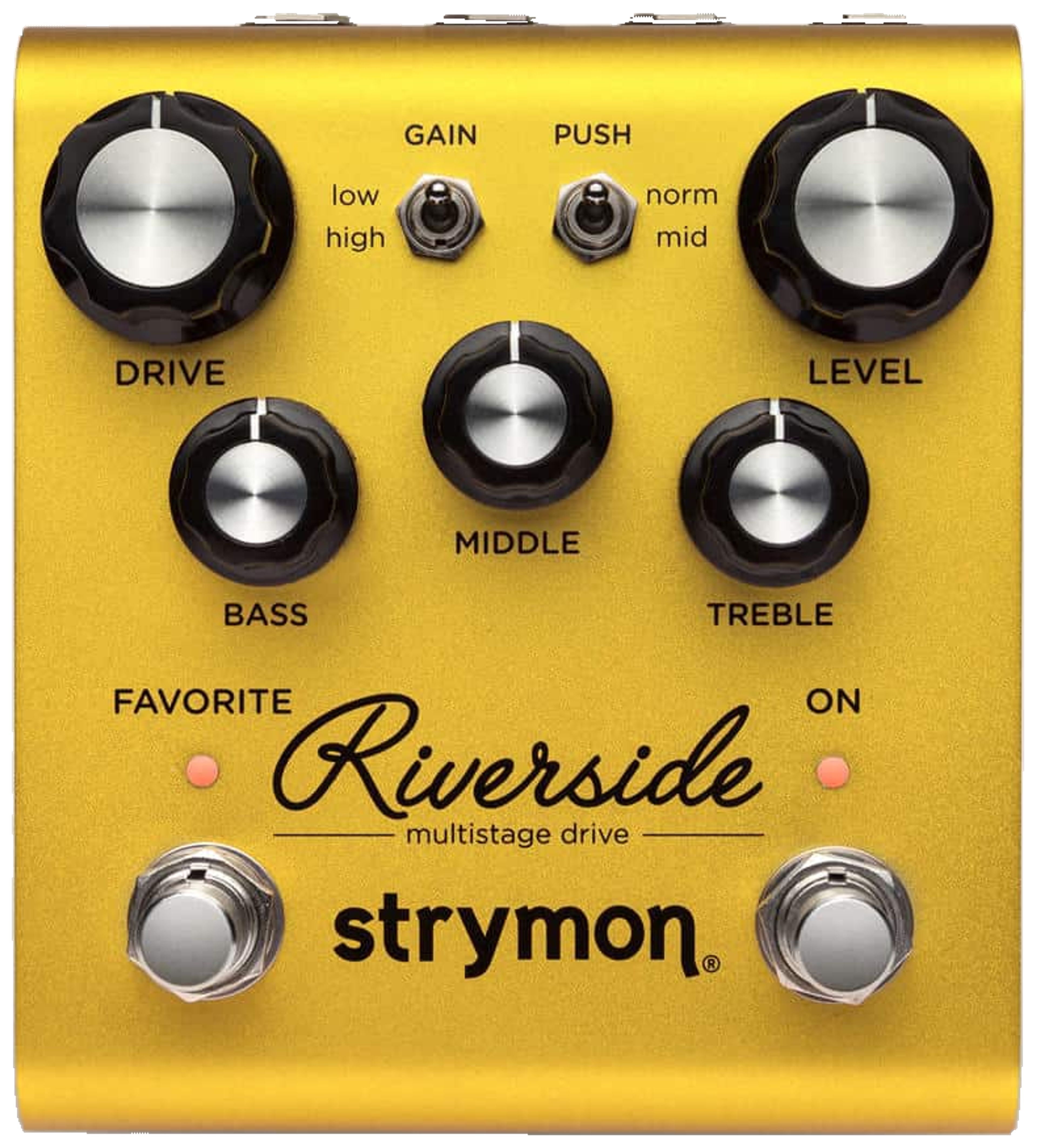 Strymon Riverside, top-down, gold enclosure, Drive and Level knobs, Favourite and On footswitches