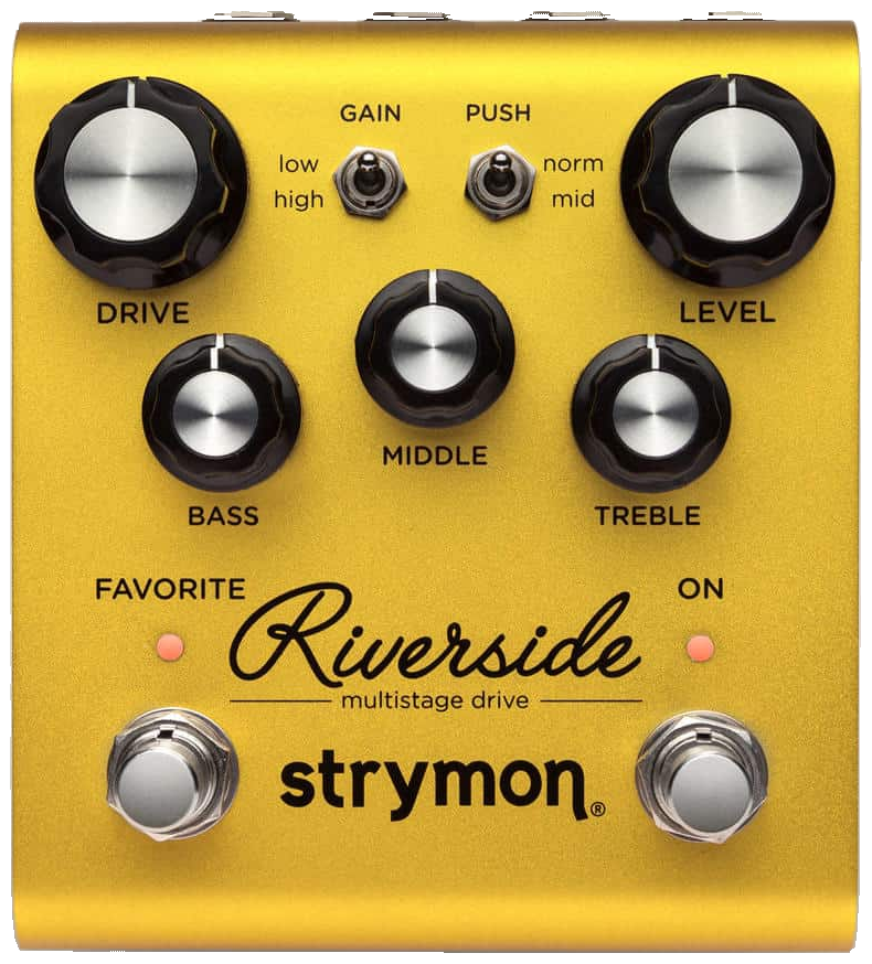 Strymon Riverside, top-down, gold enclosure, Drive and Level knobs, Favourite and On footswitches