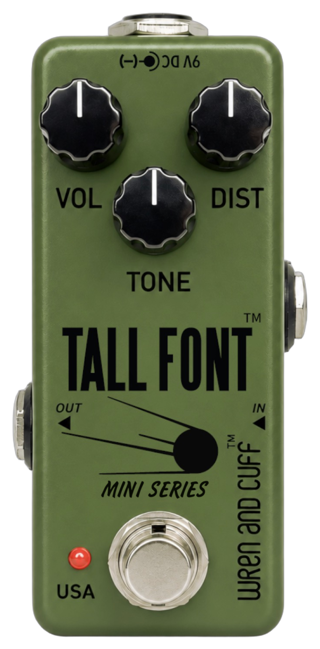 Wren and Cuff Mini Tall Font Russian, top-down, olive enclosure with Vol Dist Tone knobs, satellite graphic and Mini Series marking