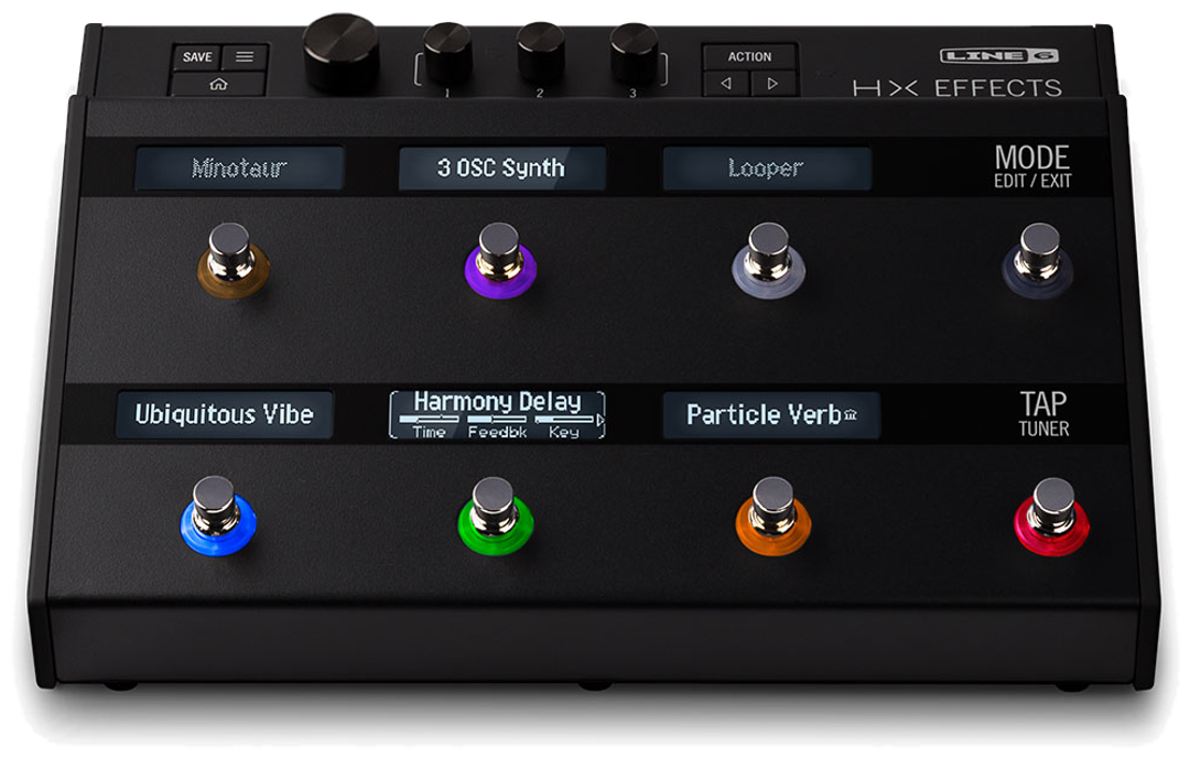 Line 6 HX Effects, front elevated view, black chassis, six scribble-strip displays, coloured footswitch rings