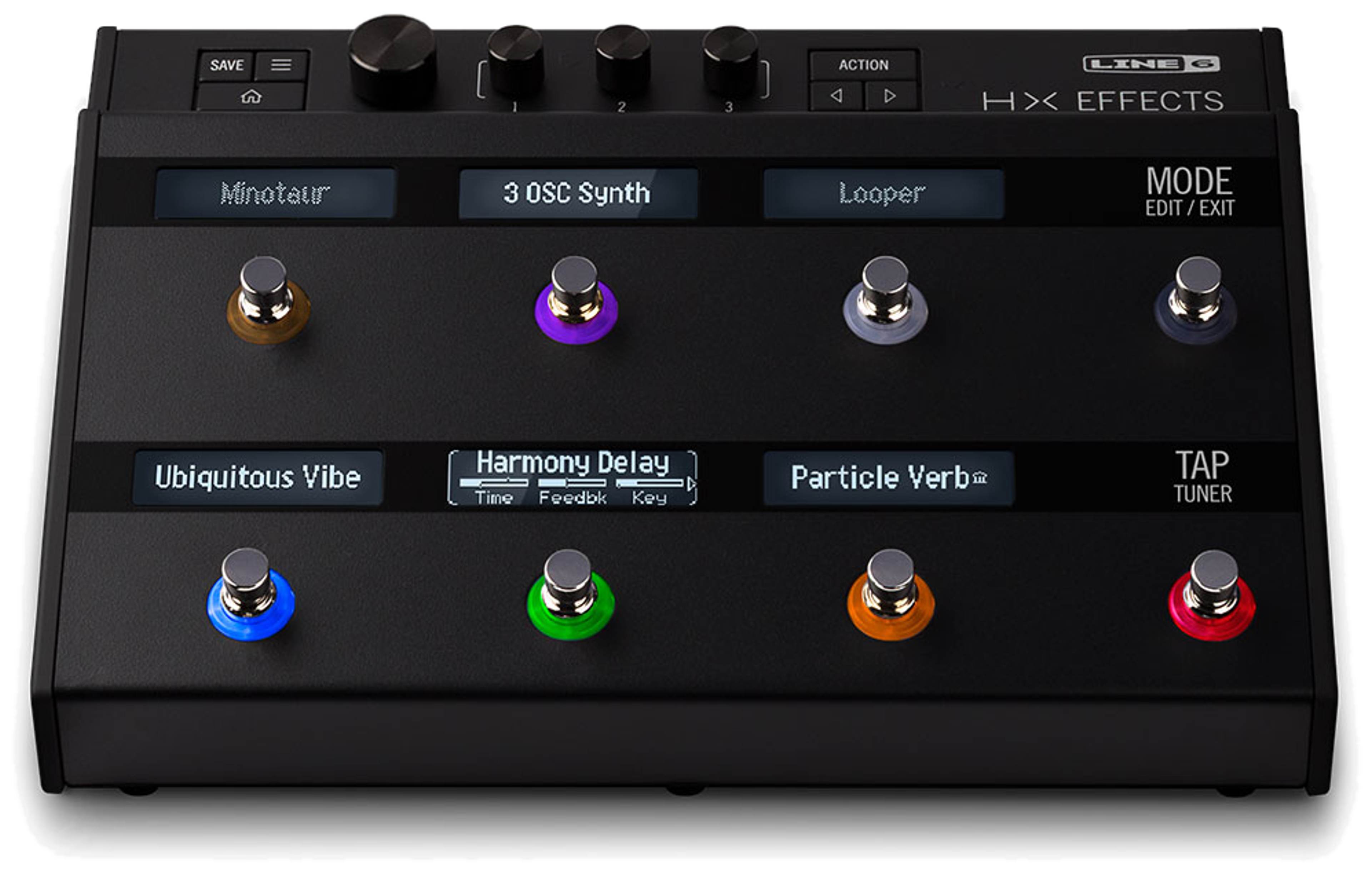 Line 6 HX Effects, front elevated view, black chassis, six scribble-strip displays, coloured footswitch rings
