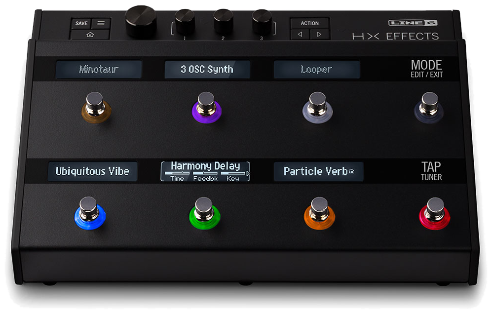 Line 6 HX Effects, front elevated view, black chassis, six scribble-strip displays, coloured footswitch rings