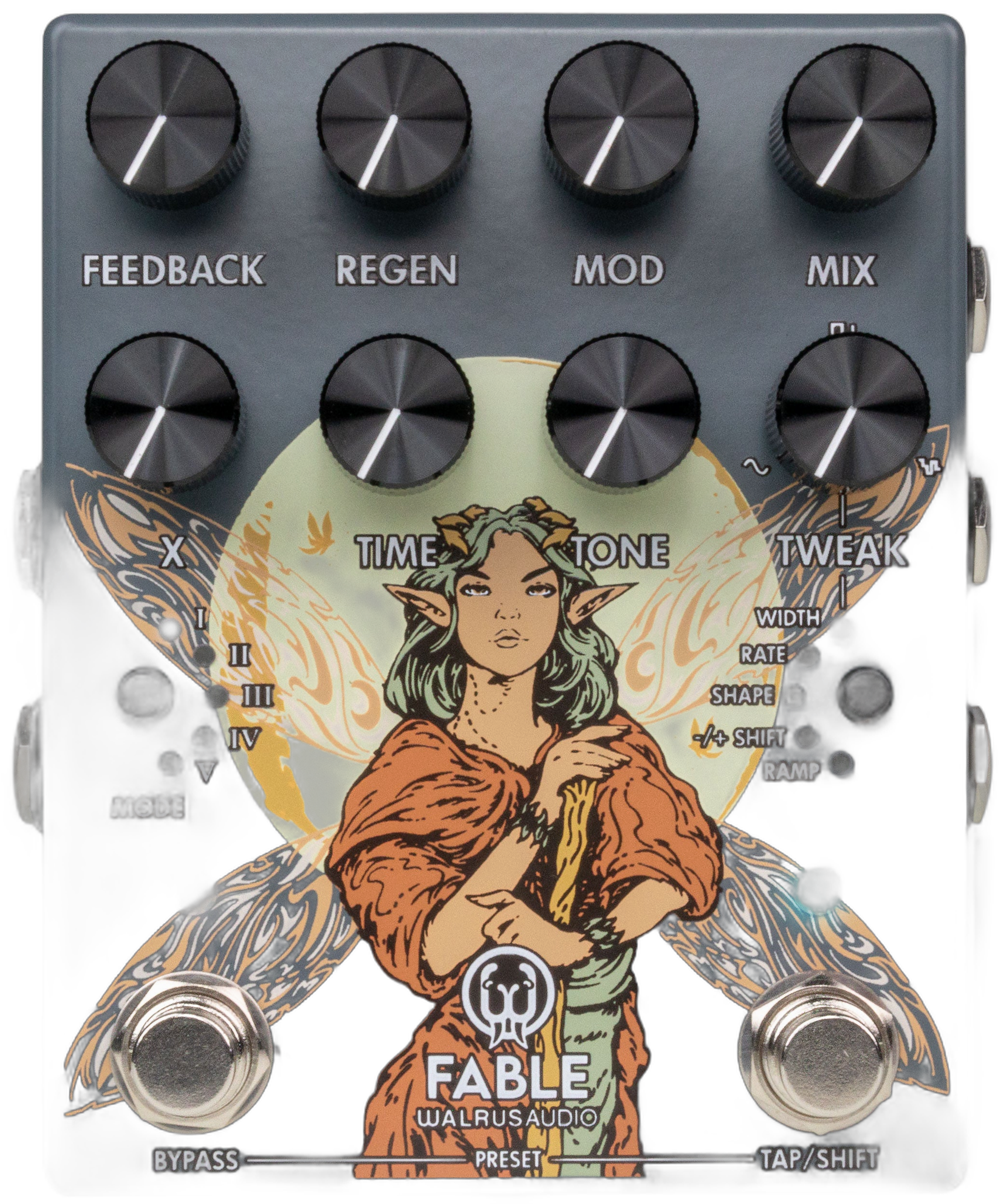 Walrus Audio Fable MKII, top-down, slate grey enclosure with eight black knobs, illustrated winged figure artwork and two footswitches