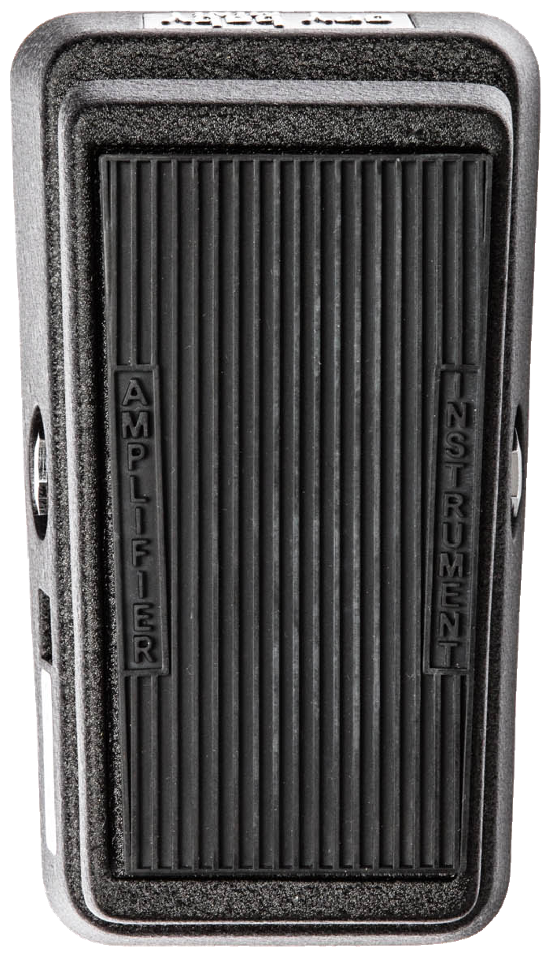 Dunlop Cry Baby Mini Wah, top-down view, black rocker with ribbed treadle, AMPLIFIER and INSTRUMENT labels
