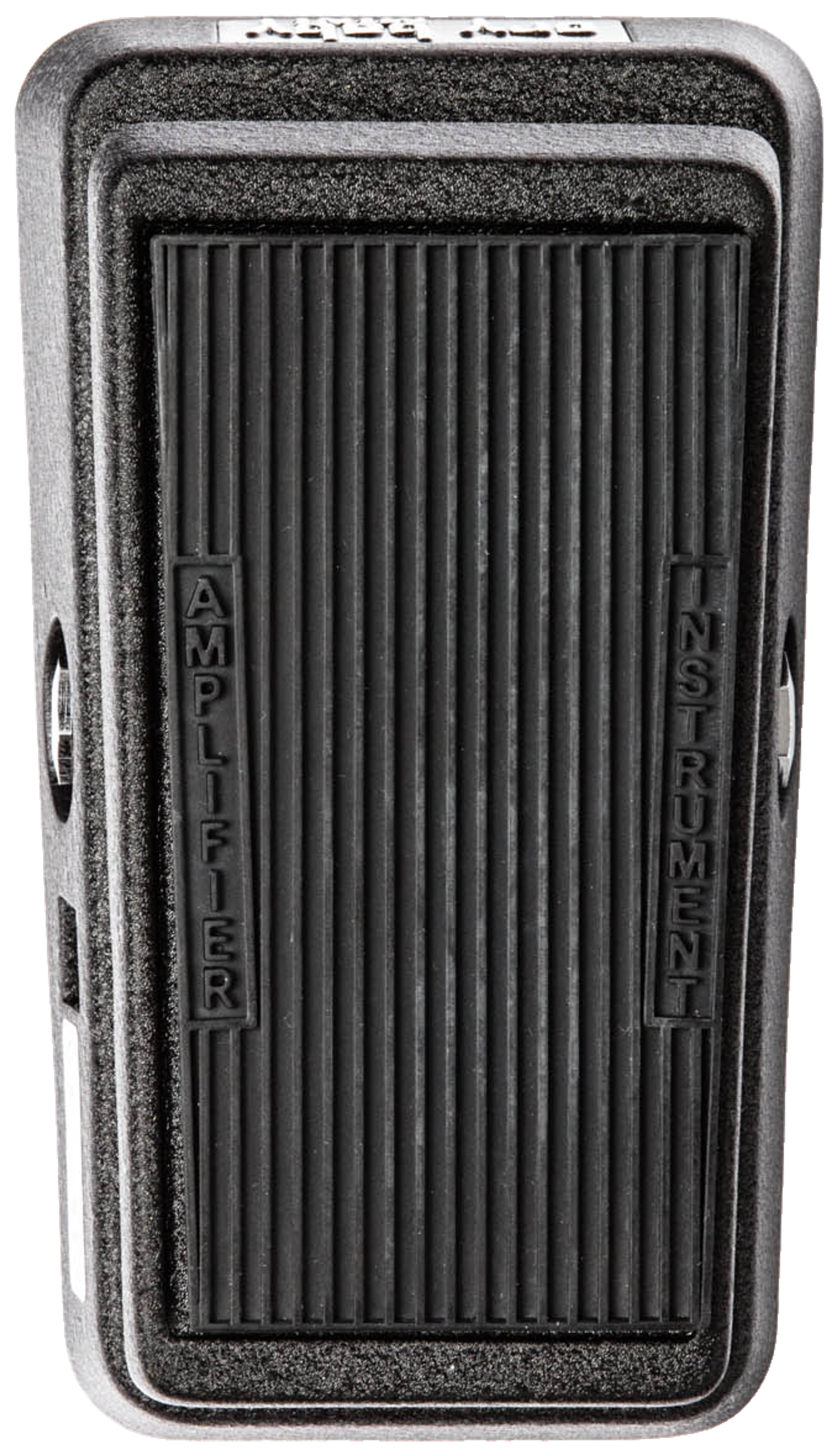Dunlop Cry Baby Mini Wah, top-down view, black rocker with ribbed treadle, AMPLIFIER and INSTRUMENT labels