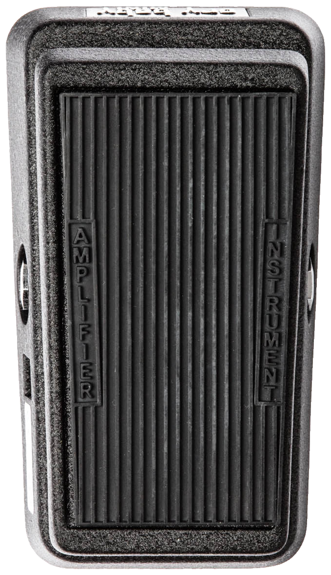 Dunlop Cry Baby Mini Wah, top-down view, black rocker with ribbed treadle, AMPLIFIER and INSTRUMENT labels