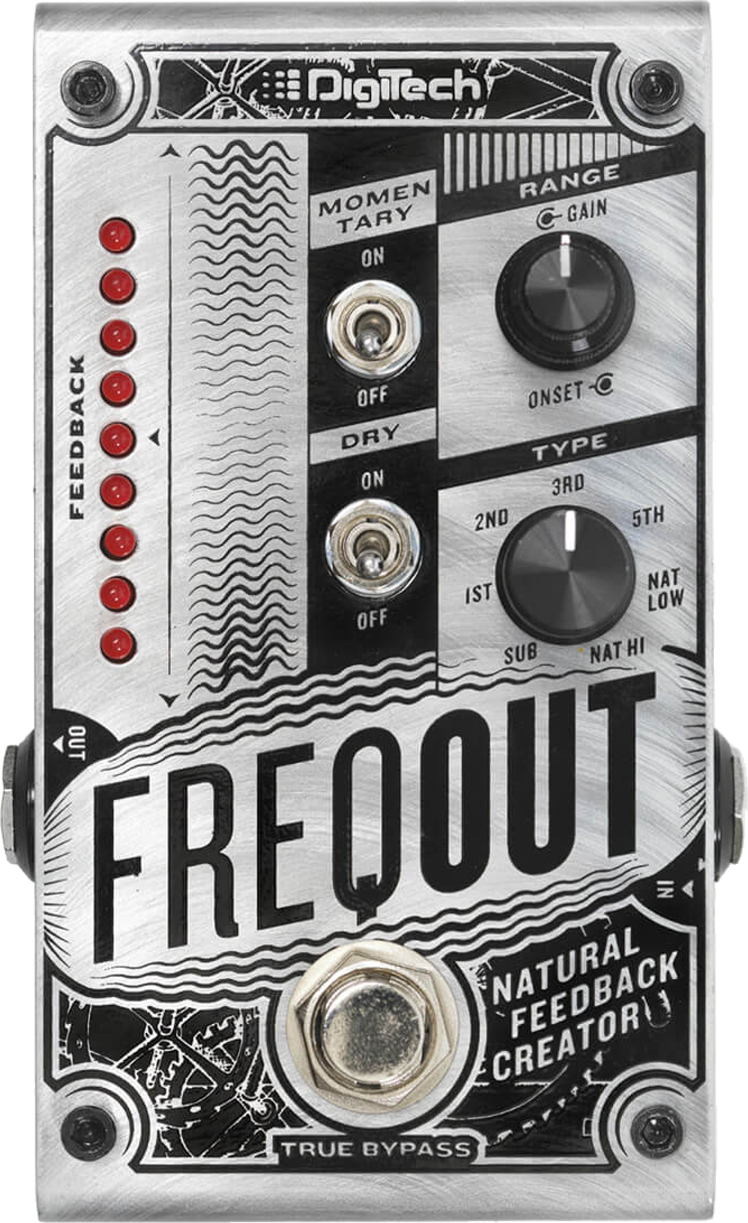 DigiTech FreqOut, top-down view, white and black pedal with three knobs, two toggle switches and LED row