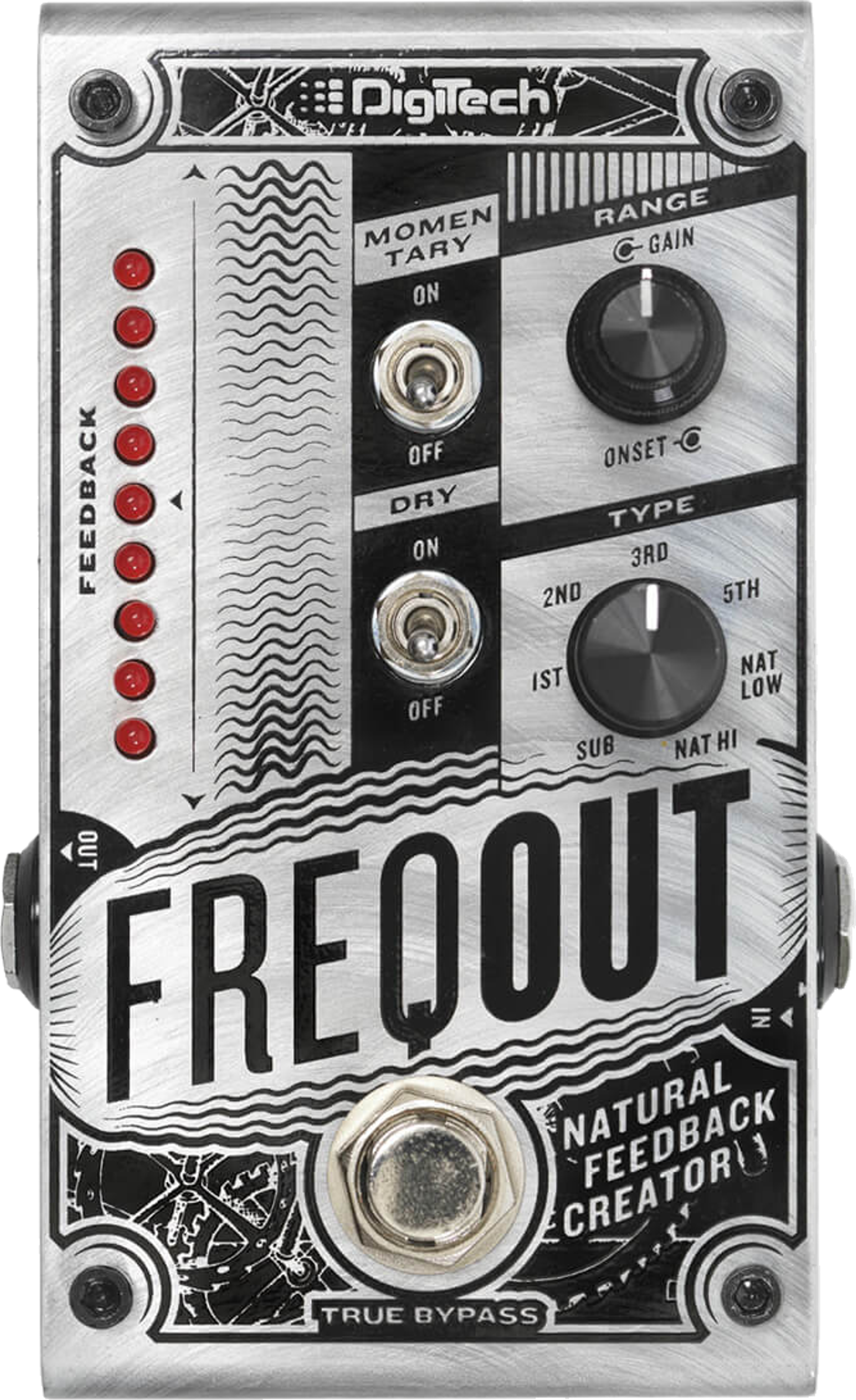 DigiTech FreqOut, top-down view, white and black pedal with three knobs, two toggle switches and LED row