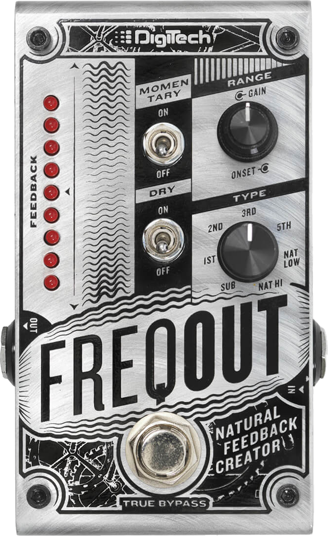 DigiTech FreqOut, top-down view, white and black pedal with three knobs, two toggle switches and LED row