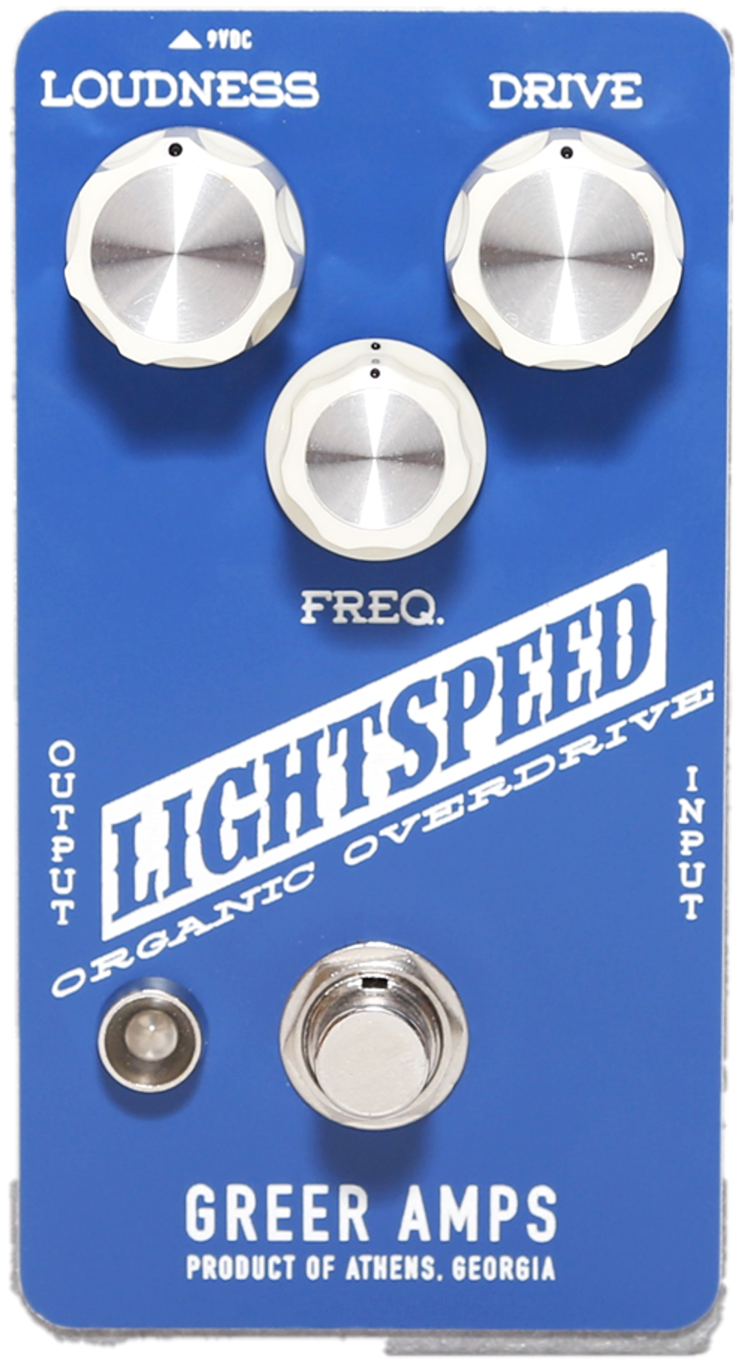 Greer Amps Lightspeed Organic Overdrive, top view, blue enclosure, Loudness, Drive and Freq knobs, white Lightspeed logo