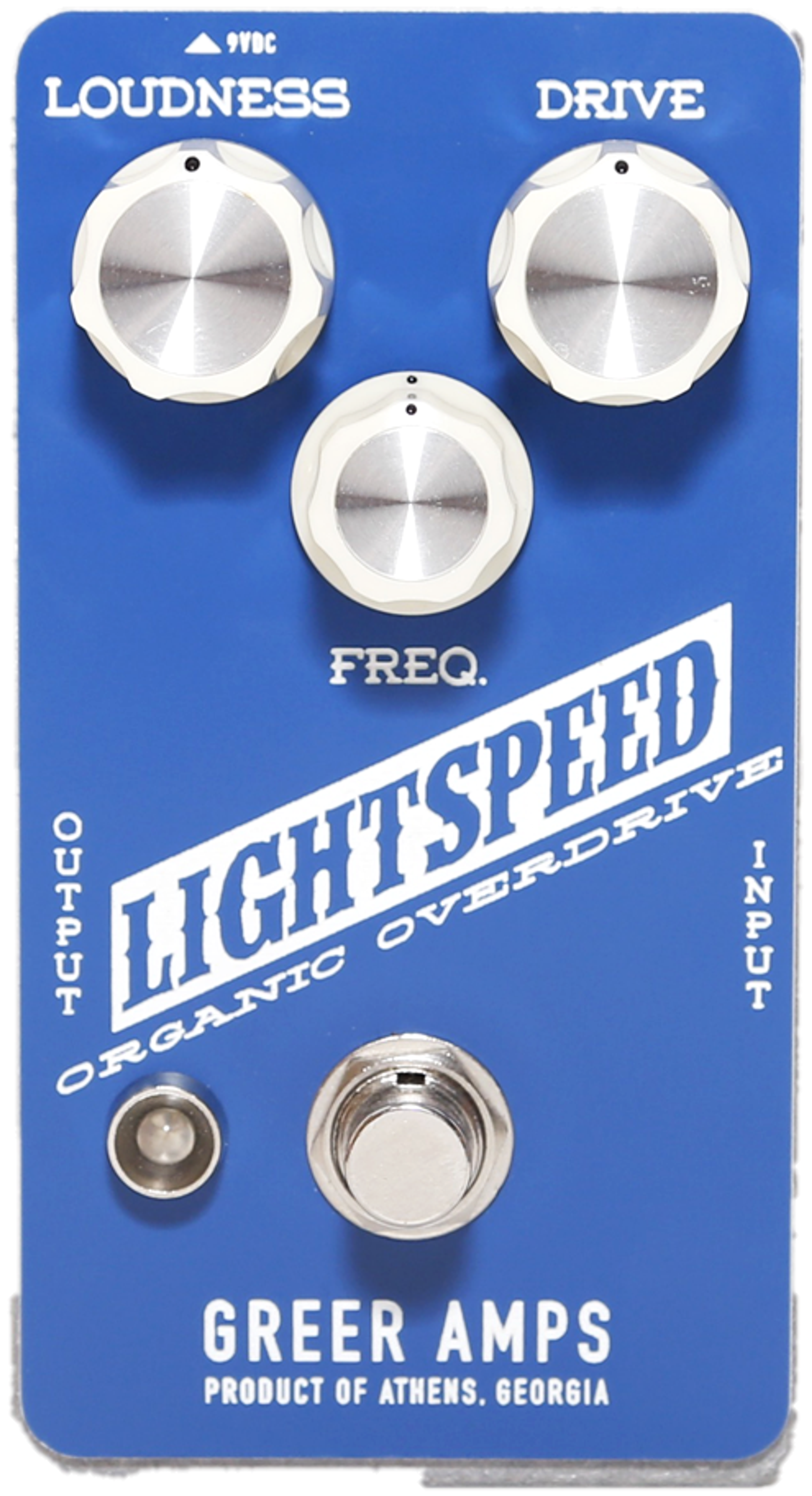 Greer Amps Lightspeed Organic Overdrive, top view, blue enclosure, Loudness, Drive and Freq knobs, white Lightspeed logo