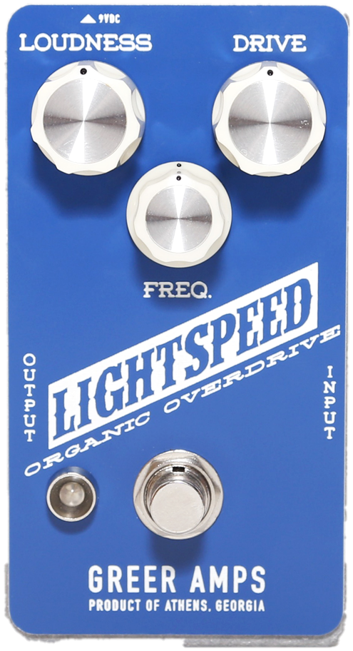 Greer Amps Lightspeed Organic Overdrive, top view, blue enclosure, Loudness, Drive and Freq knobs, white Lightspeed logo