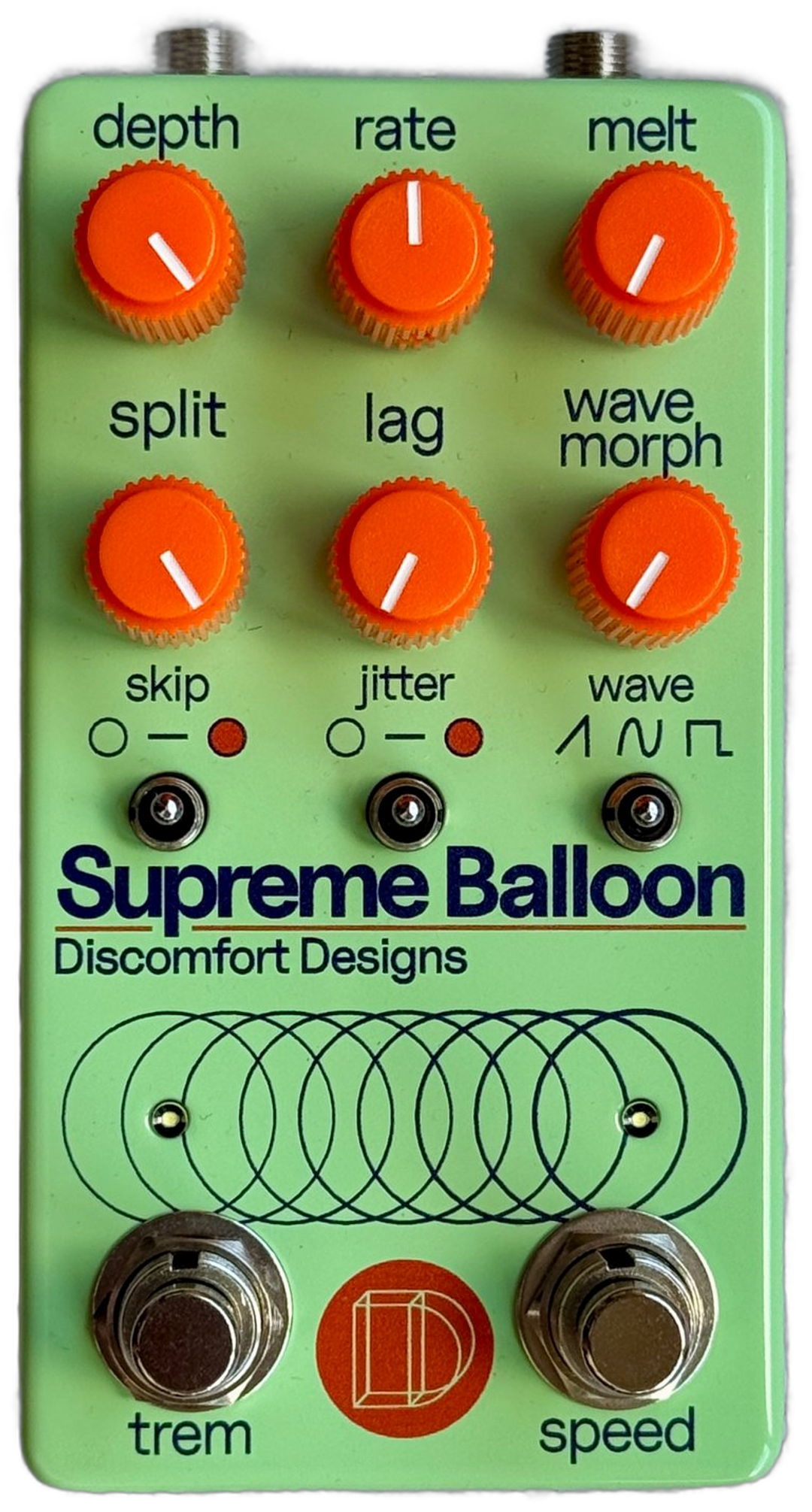 Discomfort Designs Supreme Balloon, top-down view, light green enclosure, orange knobs, Depth, Rate, Melt, Split, Lag and Wave Morph controls, Trem and Speed footswitches
