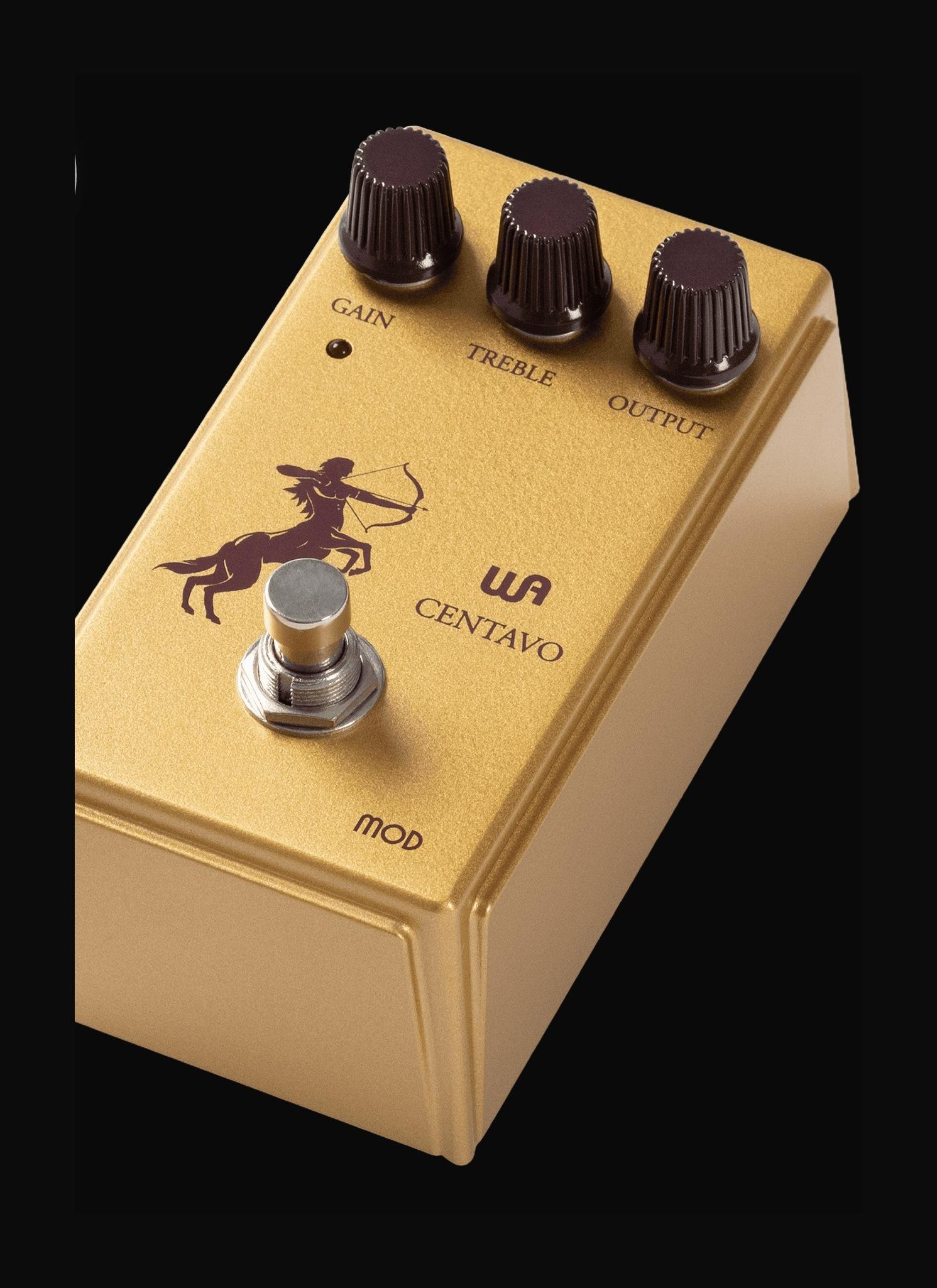 Warm Audio Centavo Mod gold overdrive, three-quarter view, Gain Treble and Output knobs, centaur graphic