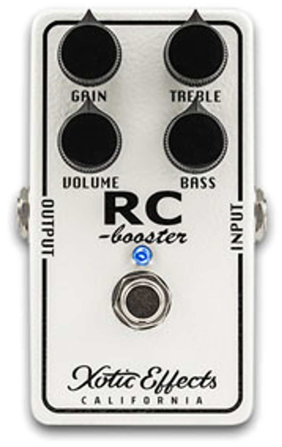 Xotic RC Booster Classic, top-down view, white enclosure, four black knobs, single footswitch