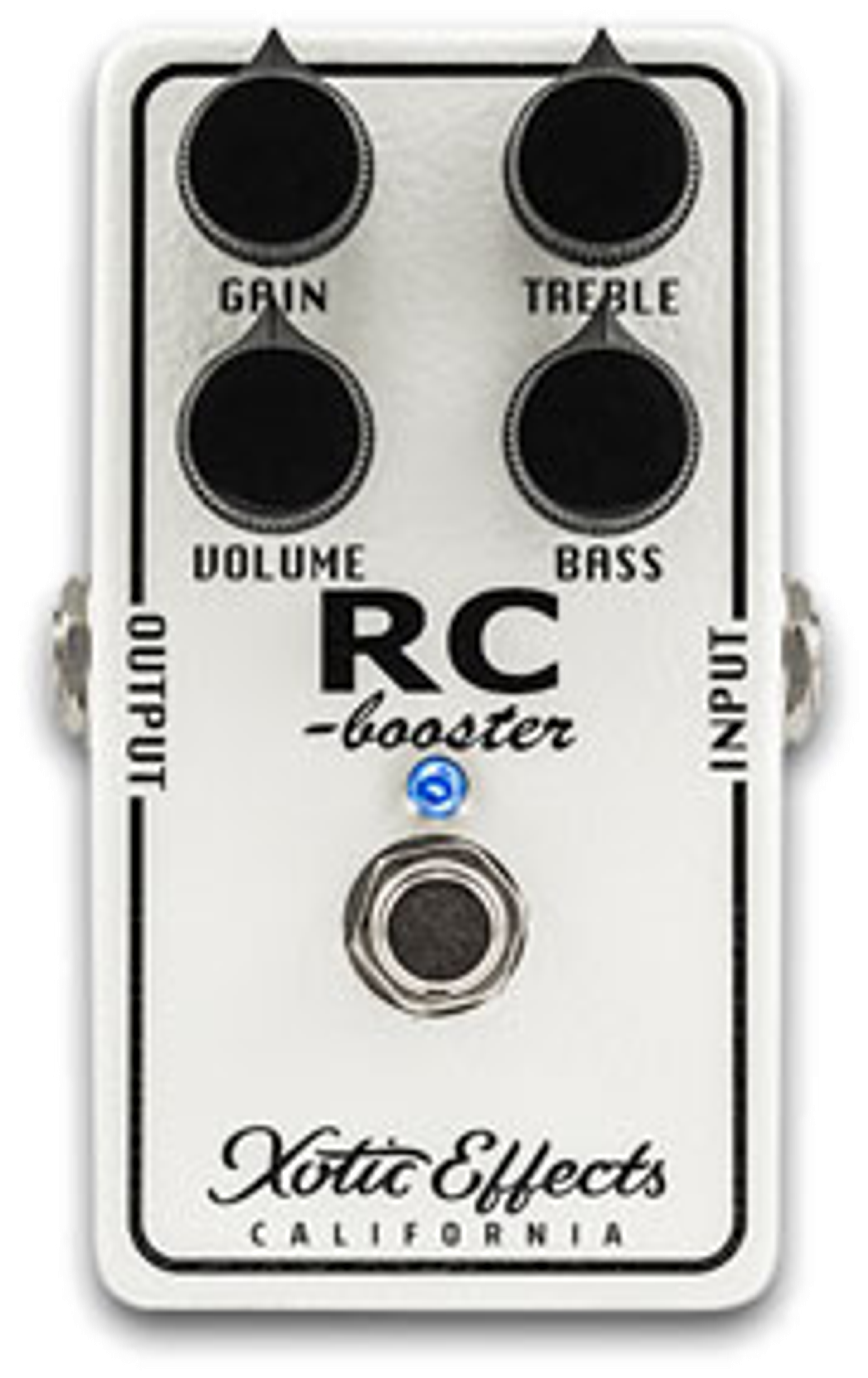 Xotic RC Booster Classic, top-down view, white enclosure, four black knobs, single footswitch