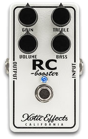 Xotic RC Booster Classic, top-down view, white enclosure, four black knobs, single footswitch