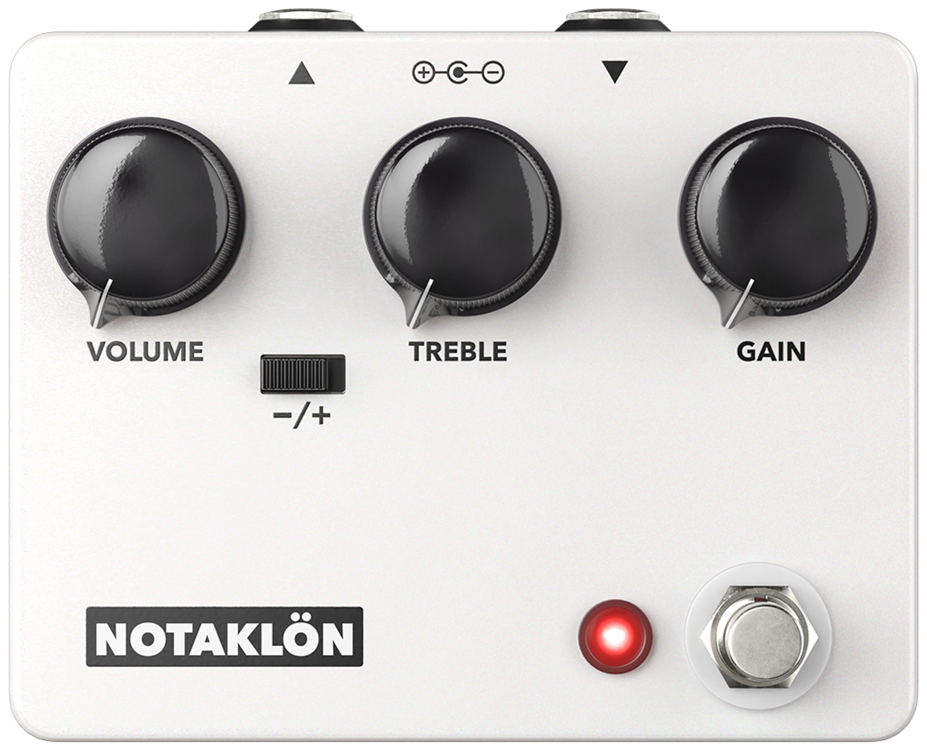JHS NOTAKLÖN, top-down view, white enclosure, three black knobs, −/+ Shamrock switch